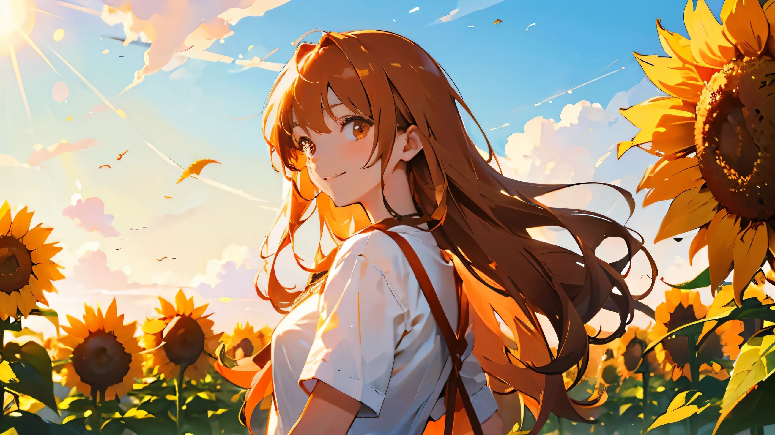 Cool girl Long Hair orange brown mix hair looking side at park Sunny Sky smile sunflower high resolution