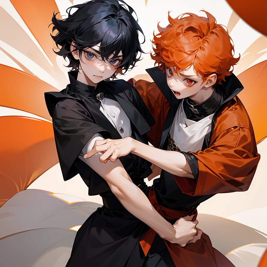 2boy,both 9years d,first boy has short curly orange hair and blue eyes and cute expression face withe cute smile and wears acute outfit,the other boy has black shaggy hair and red eyes and sharp expression face and wears a black jacket,8k,pixive,masterpiece