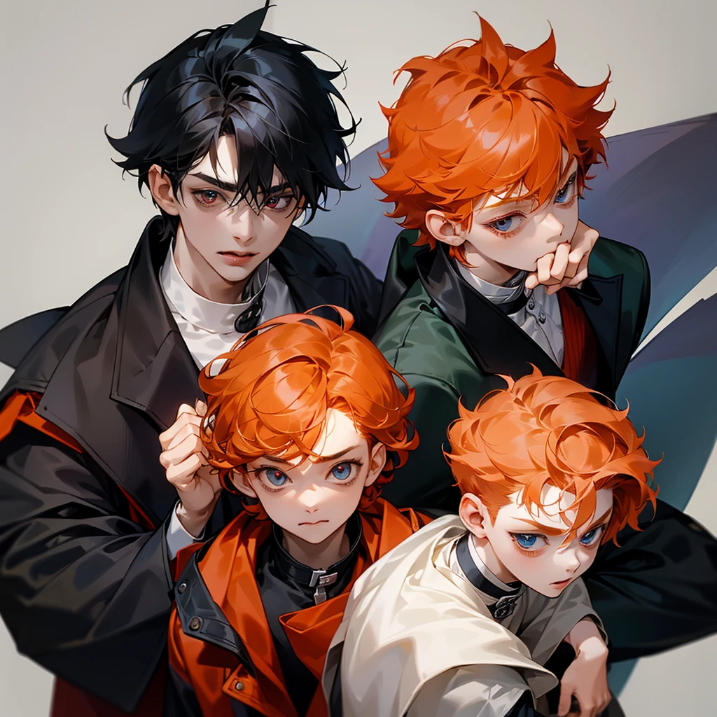 Little 2boy,both 9years old,first boy has short curly orange hair and blue eyes and cute expression face withe cute smile and wears acute outfit,the other boy has black shaggy hair and red eyes and sharp expression face and wears a black jacket,8k,pixive,masterpiece