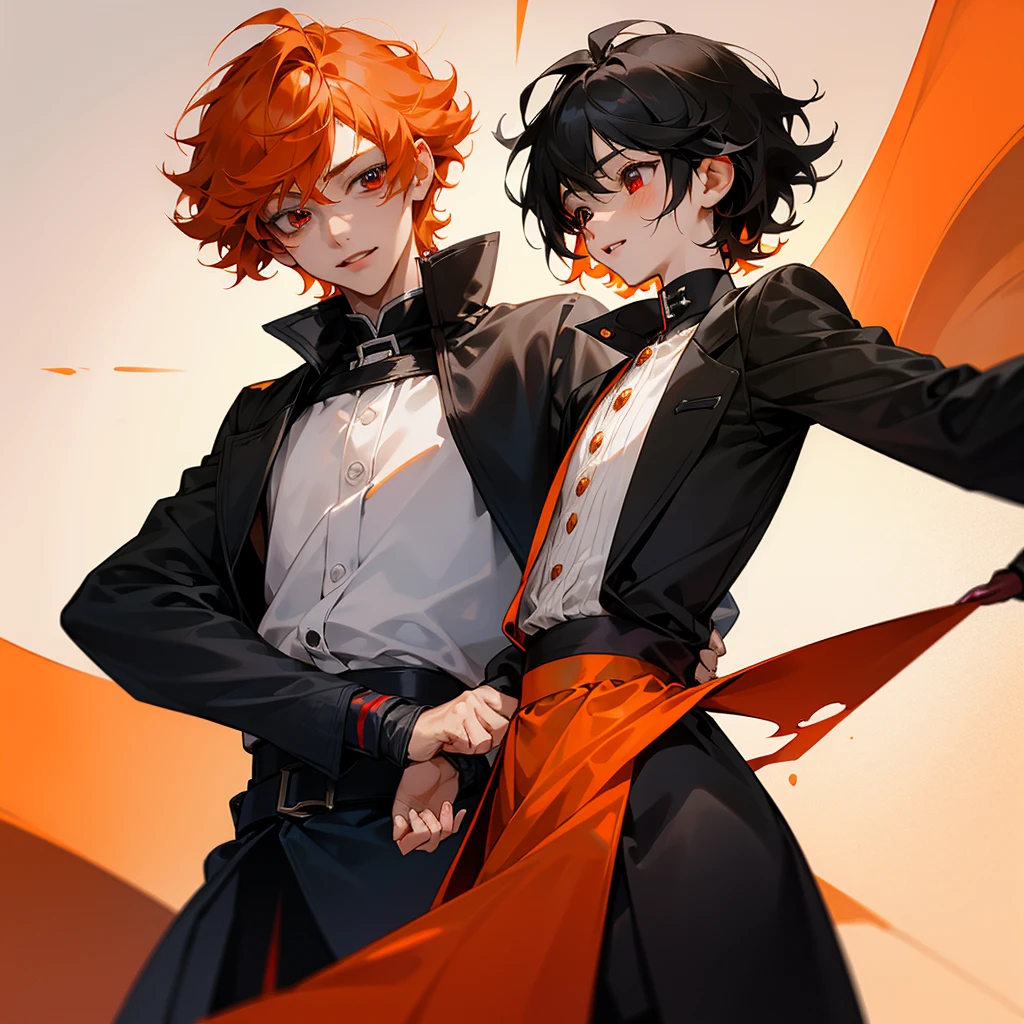 Little 2boy,both 9years old,first boy has short curly orange hair and blue eyes and cute expression face withe cute smile and wears acute outfit,the other boy has black shaggy hair and red eyes and sharp expression face and wears a black jacket,8k,pixive,masterpiece