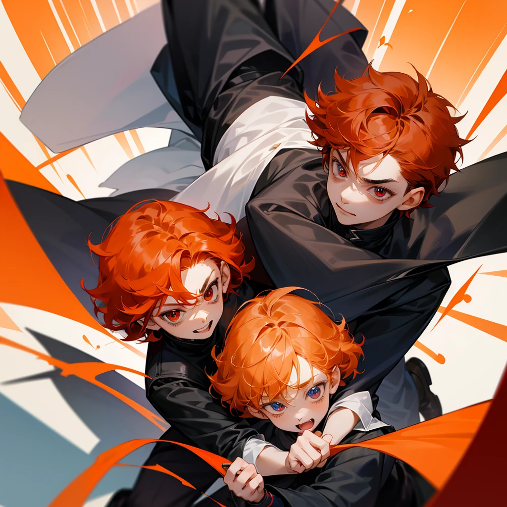 Little 2boy,both 9years old,first boy has short curly orange hair and blue eyes and cute expression face withe cute smile and wears acute outfit,the other boy has black shaggy hair and red eyes and sharp expression face and wears a black jacket,8k,pixive,masterpiece