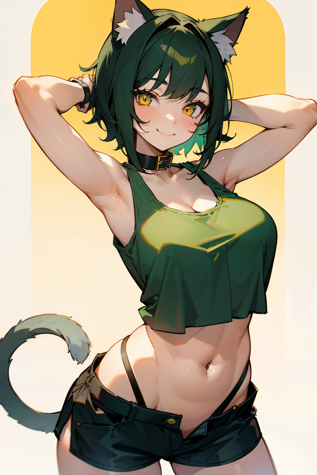 Girl, short dark green hair, yellow eyes, cat ears, cat collar, cat tail, big breasts, exposed belly, white tank top, short shorts, naughty smile, naughty pose