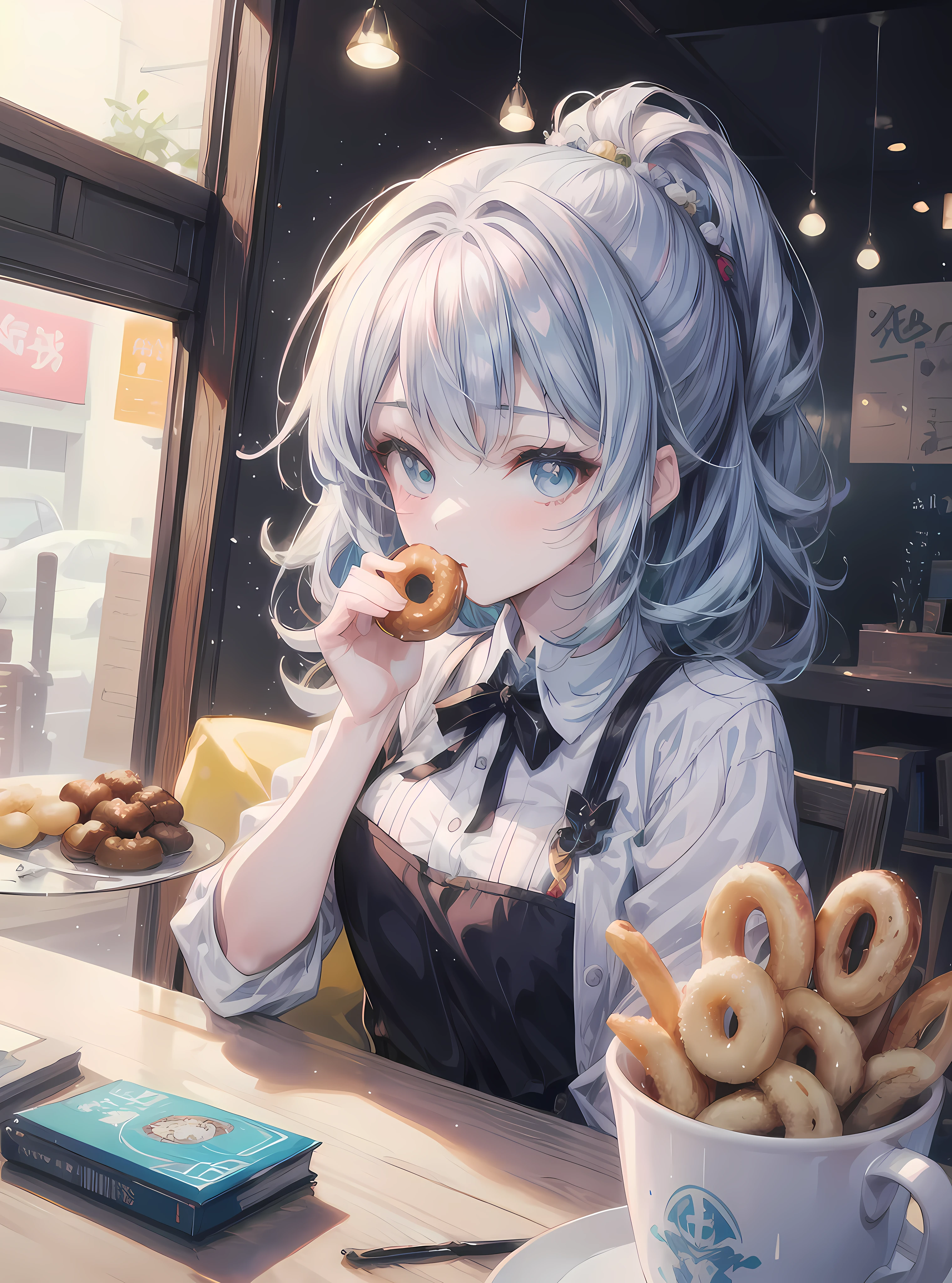 anime girl sitting at a table eating a donut and drinking a drink, kawacy, anime visual of a cute girl, anime aesthetic, guweiz, mysterious coffee shop girl, artwork in the style of guweiz, anime asthetic, cute anime girl, clean detailed anime art, anime illustration, soft anime illustration, splash art anime , beautiful anime art style