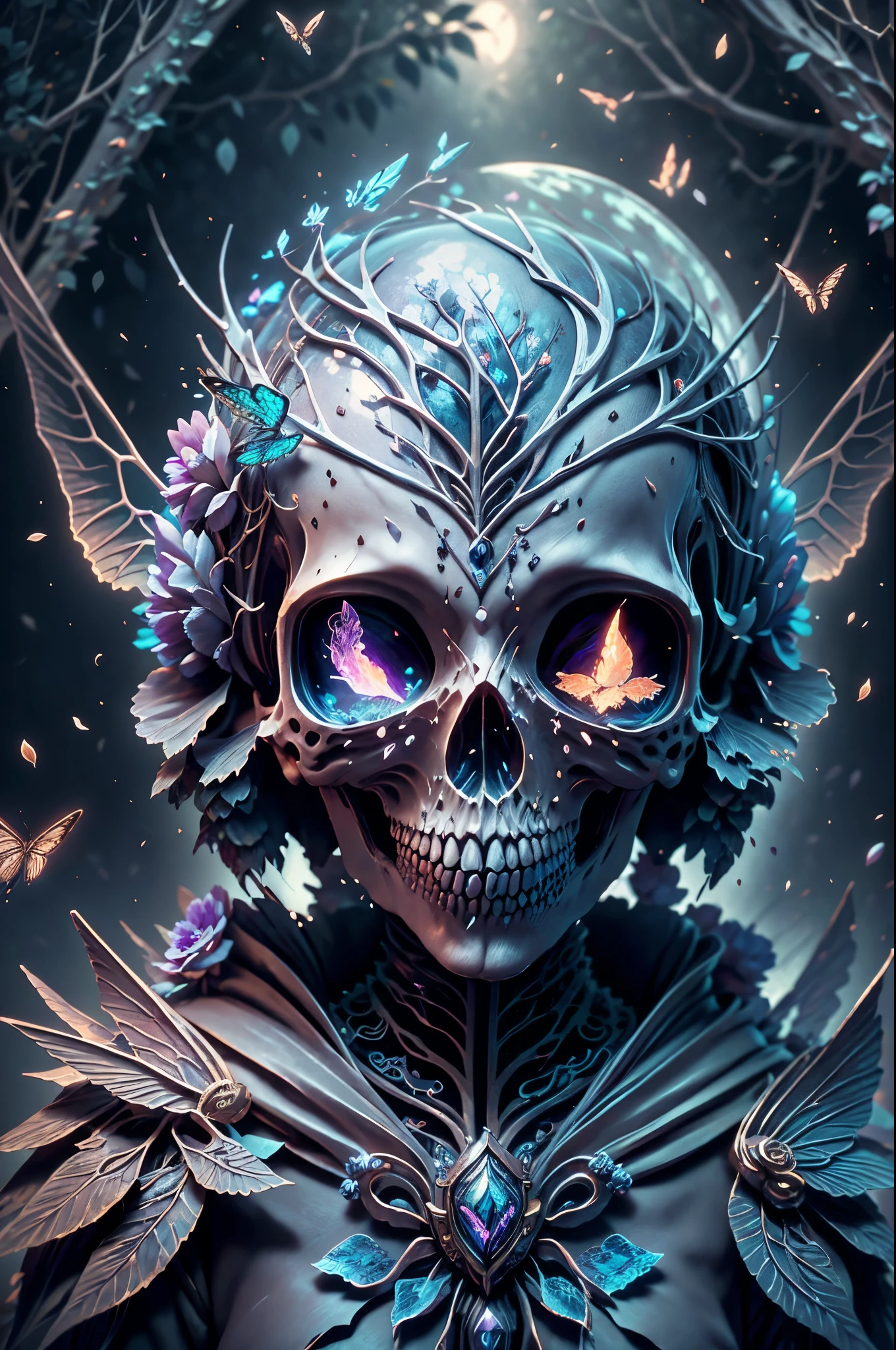Dreamscape female grim reaper,skull, laughing, laying in flower bed, view from above,covered in flowers,sexy,cute,flower petals falling all around,highly detailed,surrounded by butterflies,butterfly landing, scenic, beautiful,sunrise,morning fog, bokeh,hard shadows, dynamic lighting, hd, best quality,, macro photography, extreme close-ups, intricate details, unseen worlds, capturing texture, emphasizing details, revealing beauty in small things, professional lighting, precise focusing, artistic expression, immersive experience, expert technique . Surreal, ethereal, dreamy, mysterious, fantasy, highly detailed