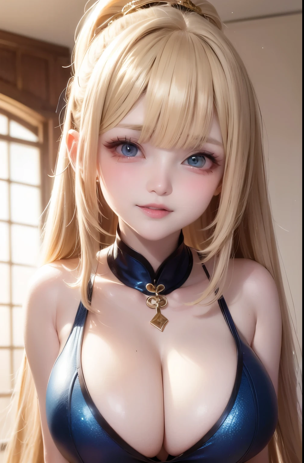 Polate、、Bright expression、ponytail、Young and radiant white skin、Best Looks、Gold reflects light、Platinum Blonde Hair,Shine brightly、Shiny bright hair,、Super long, silky straight hair、Shiny beautiful bangs、Big sparkling blue eyes,Crystal Clear,Fascinating、A very lovely and adorable 16 year old girl、Ample breasts