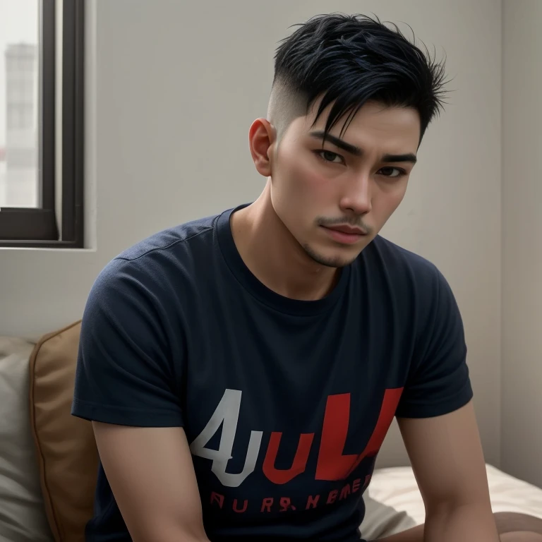 There was a man sitting on the bed with a remote control., inspired By Adam Dario Kiel, Portrait in the middle of a shot, By Adam Dario Kiel, 2 7 years, Asian man, 2 8 years, 24 years old, 2 3 years old, fujilut, Age 2 9 years, Look proud, 21 years old, Tommy 1 6 years