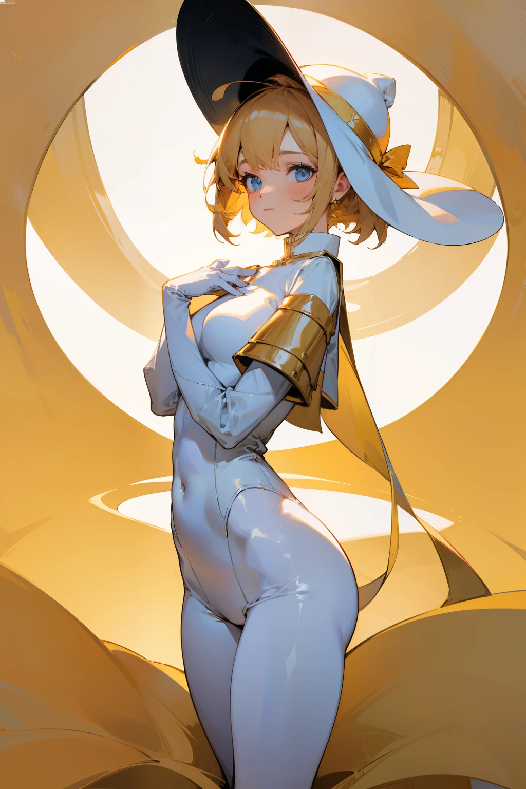 Girl, golden hat, tight white clothes