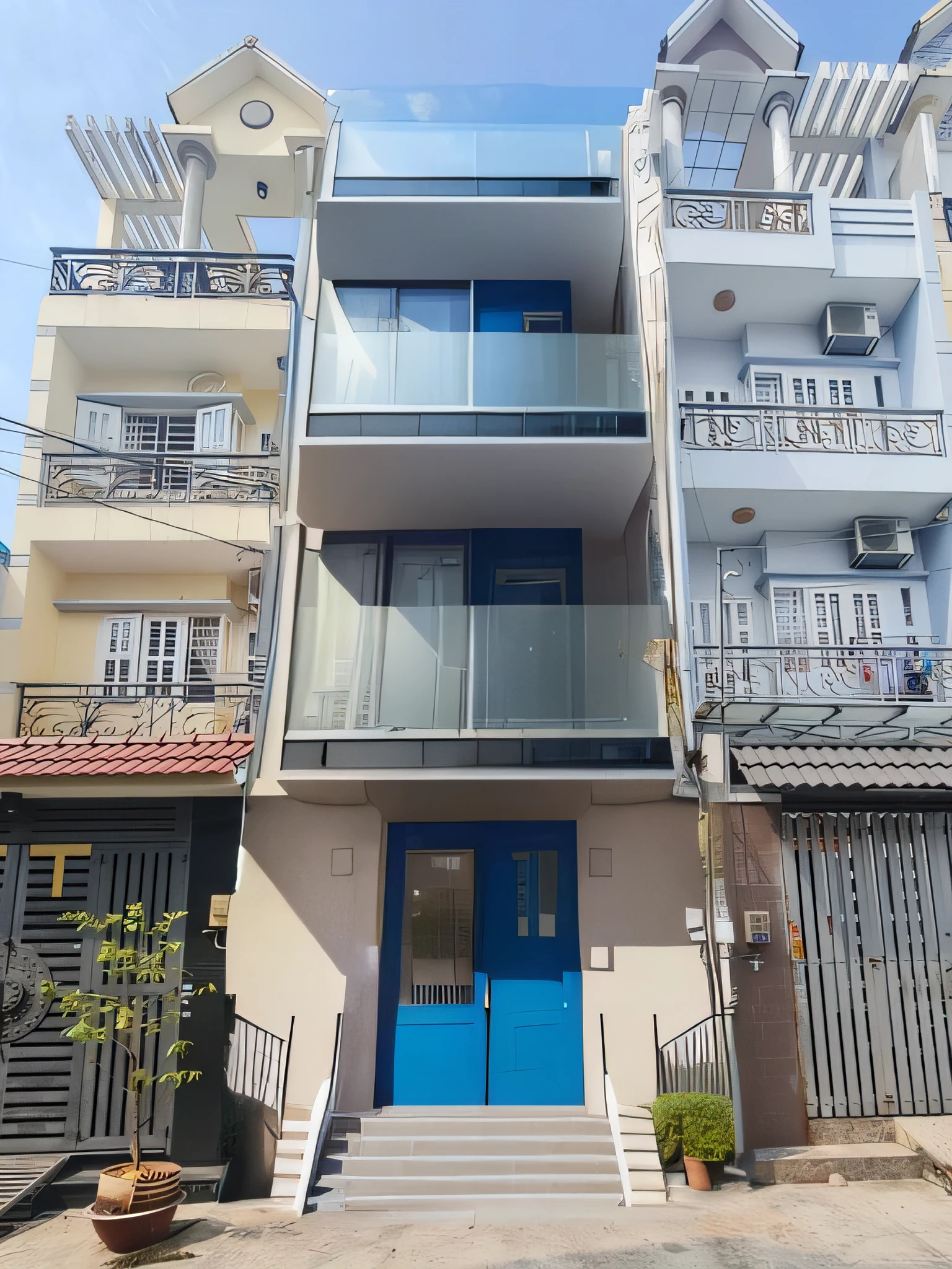 there is a building with a lot of balconies on the top of it, frontview, front-view, front view, front side, exterior view, front side view, full building, centre image, complete house, front photo, building facing, medium full shot,architectural appearance, architectural photography, (raw photo:1), (masterpiece), (high quality), best quality, real, (realistic), super detailed, modern building, glass facade in blue, blue sky, day light (full detail), 8K
