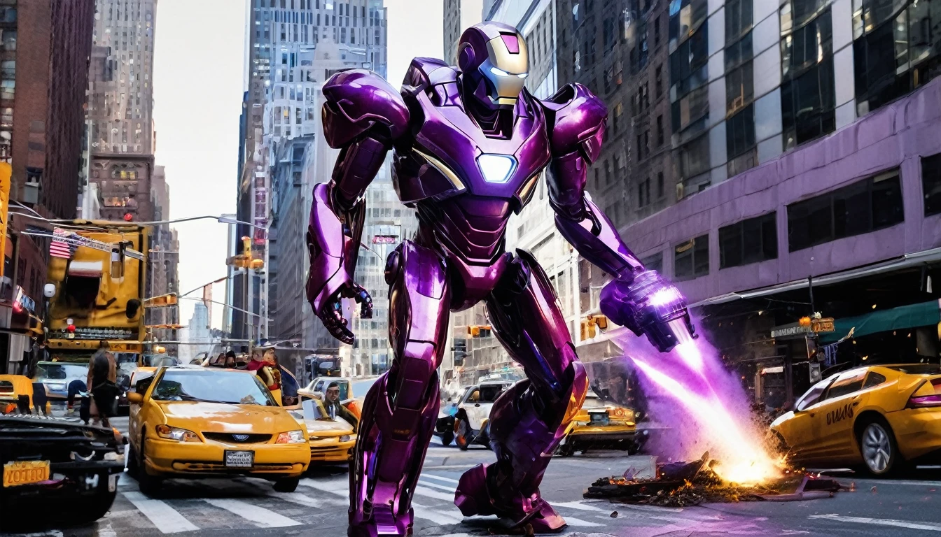 A alien violet gradient liquid metal robot wields terrible weapons to battle Marvel's Iron Man, downtown new york