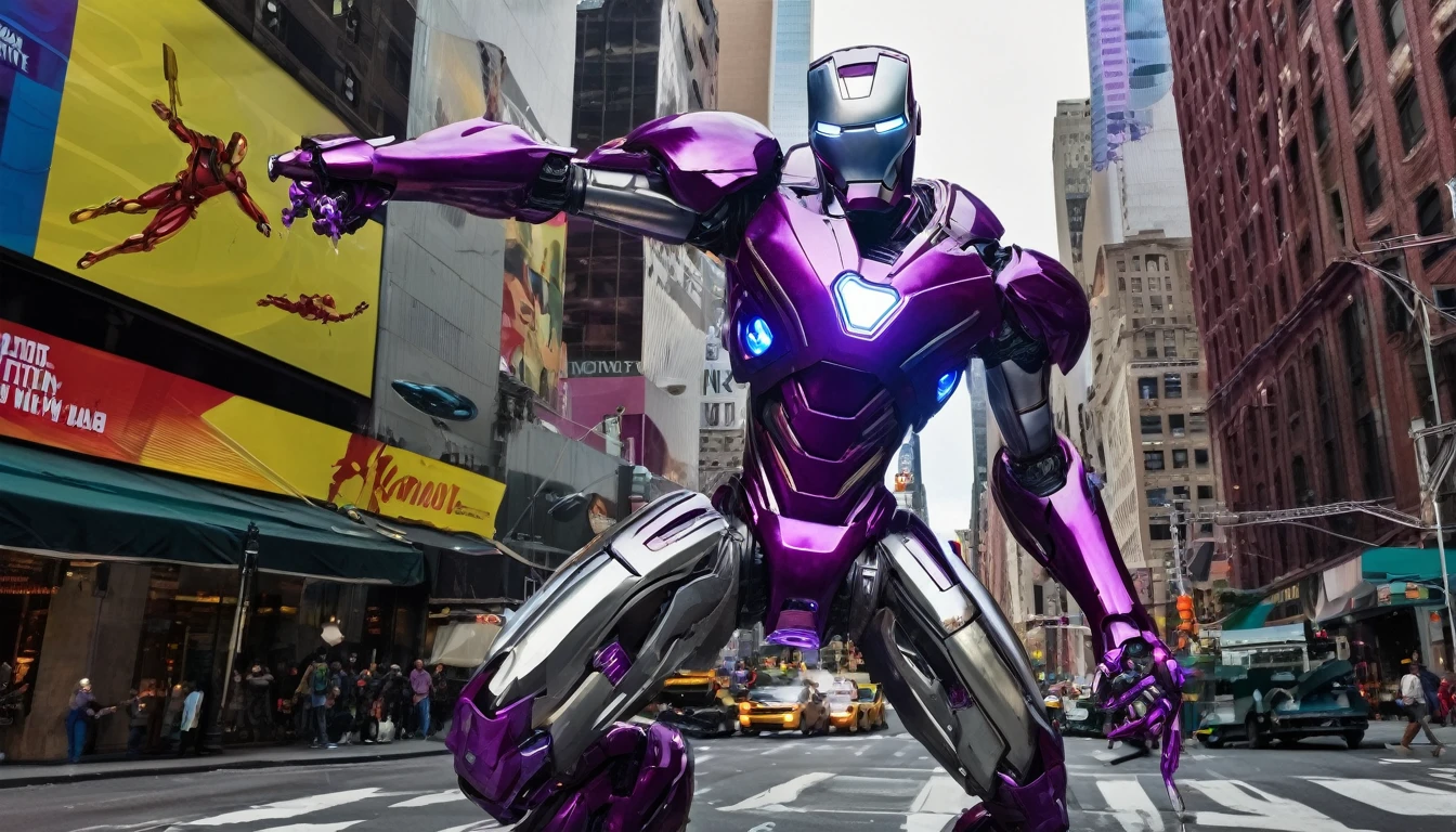 A alien violet gradient liquid metal robot wields terrible weapons to battle Marvel's Iron Man, downtown new york