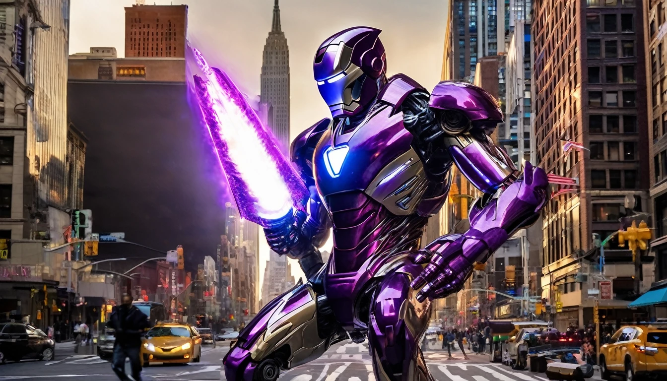 A alien violet gradient liquid metal robot wields terrible weapons to battle Marvel's Iron Man, downtown new york