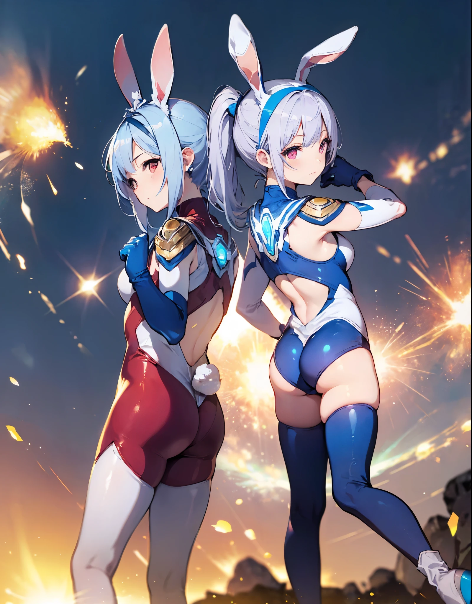 (Close-up:1.3),Realistic,highest quality, Ultra Detail, High-quality CG rendering, The most delicate and beautiful, Floating softly, High resolution, (1 girl), (Highest quality,4K,8K,masterpiece:1.2) ,Light purple hair,Rabbit,(Bunny ears:1.5),ponytail,Red eyes,(Ultra Girl:1.0),(All blue Ultraman bodysuit:1.4),(Blue gloves:1.4),(Blue shoes:1.4), (Clenched Fist:1.2),(Turn your back to your audience:1.3),Butt