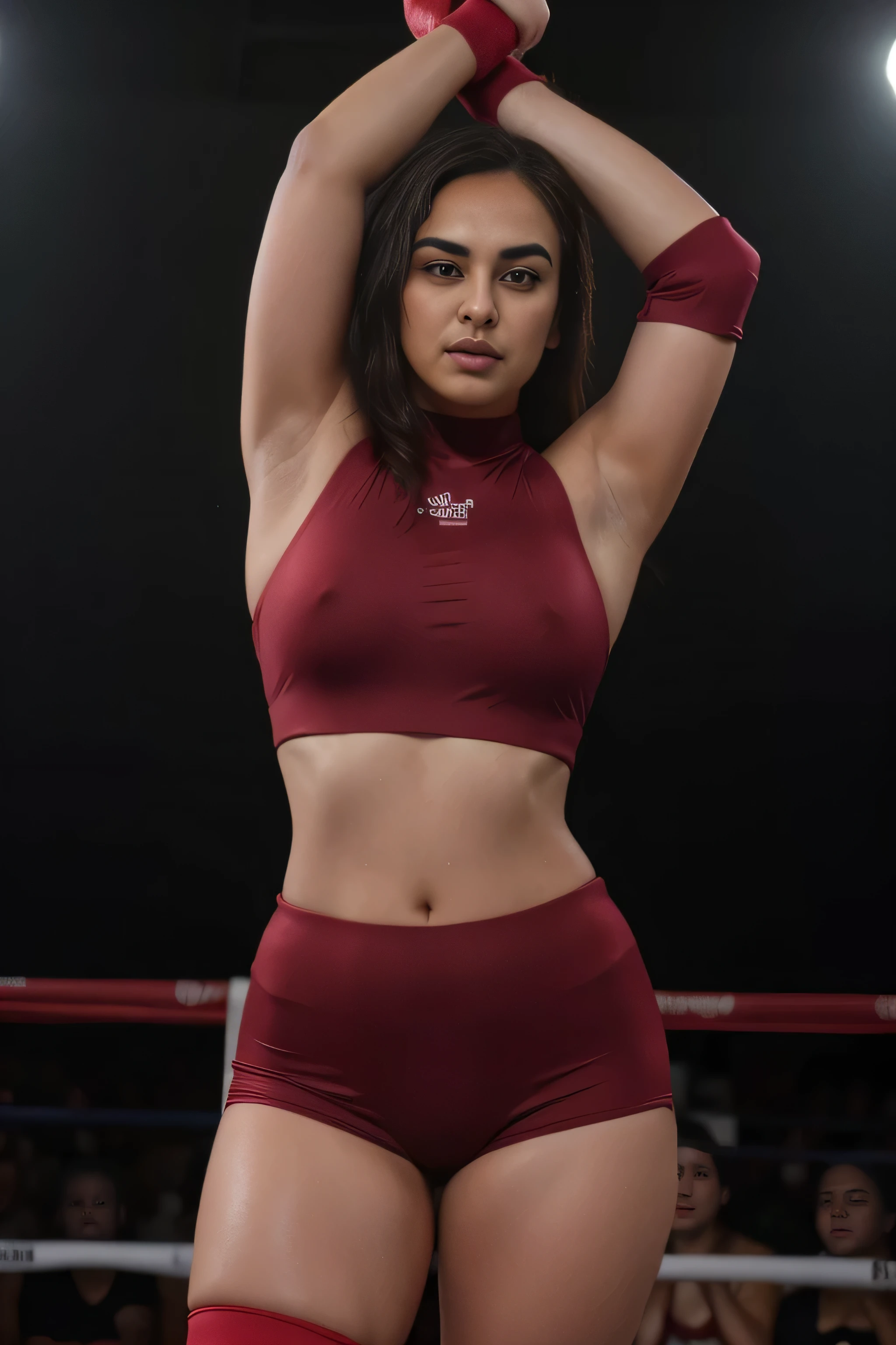 Looks like Sonakshi Sinha,slightly chubby,wearing reddish boxing gloves,black boxing gloves,boxing ring,sweaty,tired,exhausted,arms raised,both arms up,boxing gloves on both hands, intricate details,dark plum coloured outfit,(ArtStation:1.2),armpits,sweat,sweaty,sweaty armpits,arms up,showing armpits,awesome armpits,eyeroll,red outfit,blackish red arm warmers,maroon arm bands,matoon arm warmers