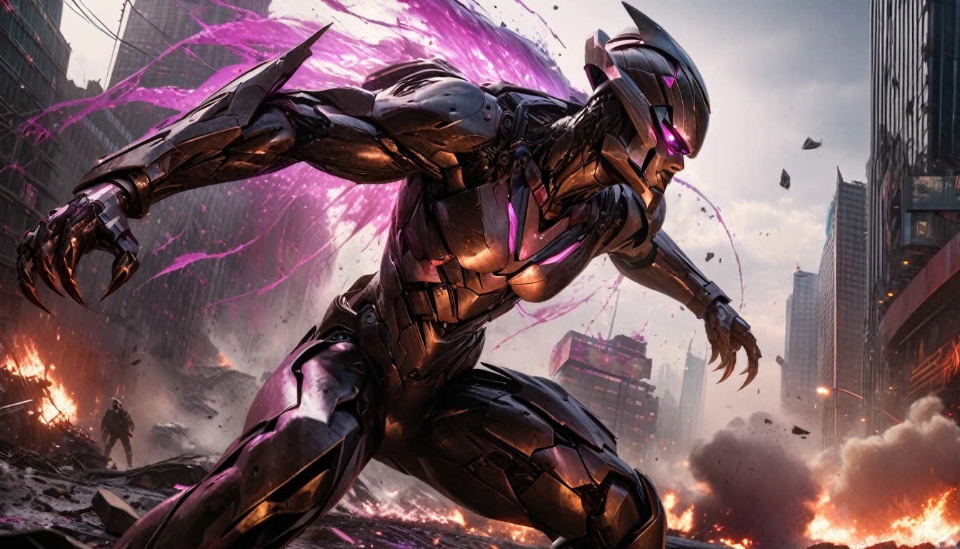 A highly detailed, hyper-realistic, alien violet gradient liquid metal robot, extremely intricate robotic features, glowing purple eyes, sharp metallic claws, wields powerful energy weapons, epic battle with Marvel's Iron Man, dramatic action scene, downtown New York cityscape, skyscrapers, chaos, destruction, cinematic lighting, dramatic color palette, moody atmosphere, (best quality,8k,highres,masterpiece:1.2),ultra-detailed,(realistic,photorealistic,photo-realistic:1.37),cinematic,concept art,digital painting,dramatic,intense,visceral
