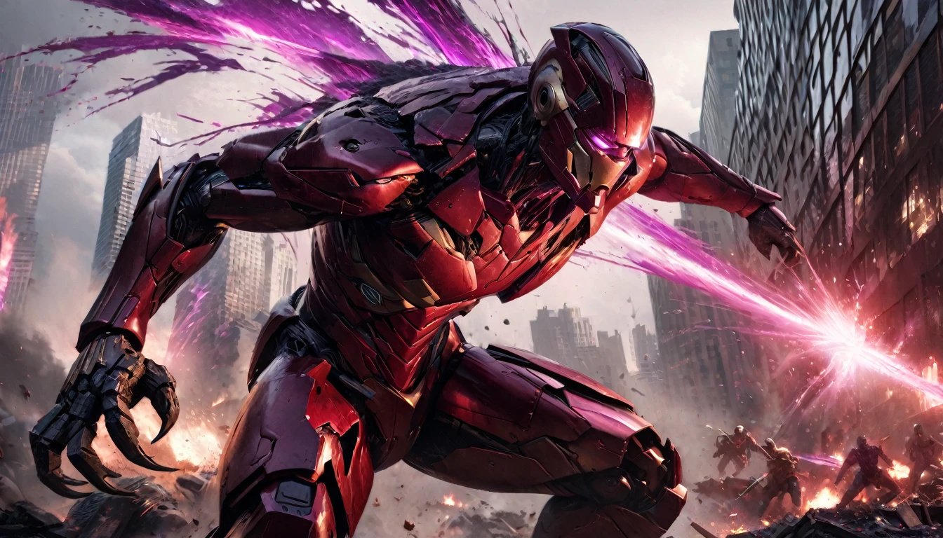 A highly detailed, hyper-realistic, alien violet gradient liquid metal robot, extremely intricate robotic features, glowing purple eyes, sharp metallic claws, wields powerful energy weapons, epic battle with Marvel's Iron Man, dramatic action scene, downtown New York cityscape, skyscrapers, chaos, destruction, cinematic lighting, dramatic color palette, moody atmosphere, (best quality,8k,highres,masterpiece:1.2),ultra-detailed,(realistic,photorealistic,photo-realistic:1.37),cinematic,concept art,digital painting,dramatic,intense,visceral
