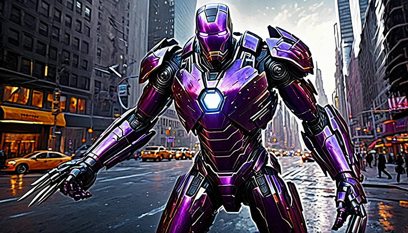 A highly detailed, hyper-realistic, alien violet gradient liquid metal robot, extremely intricate robotic features, glowing purple eyes, sharp metallic claws, wields powerful energy weapons, epic battle with Marvel's Iron Man, dramatic action scene, downtown New York cityscape, skyscrapers, chaos, destruction, cinematic lighting, dramatic color palette, moody atmosphere, (best quality,8k,highres,masterpiece:1.2),ultra-detailed,(realistic,photorealistic,photo-realistic:1.37),cinematic,concept art,digital painting,dramatic,intense,visceral