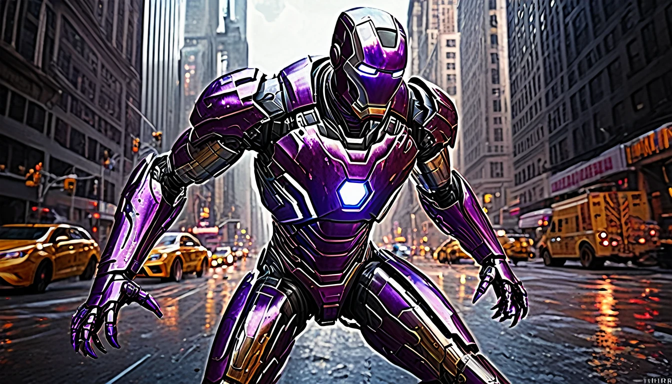 A highly detailed, hyper-realistic, alien violet gradient liquid metal robot, extremely intricate robotic features, glowing purple eyes, sharp metallic claws, wields powerful energy weapons, epic battle with Marvel's Iron Man, dramatic action scene, downtown New York cityscape, skyscrapers, chaos, destruction, cinematic lighting, dramatic color palette, moody atmosphere, (best quality,8k,highres,masterpiece:1.2),ultra-detailed,(realistic,photorealistic,photo-realistic:1.37),cinematic,concept art,digital painting,dramatic,intense,visceral
