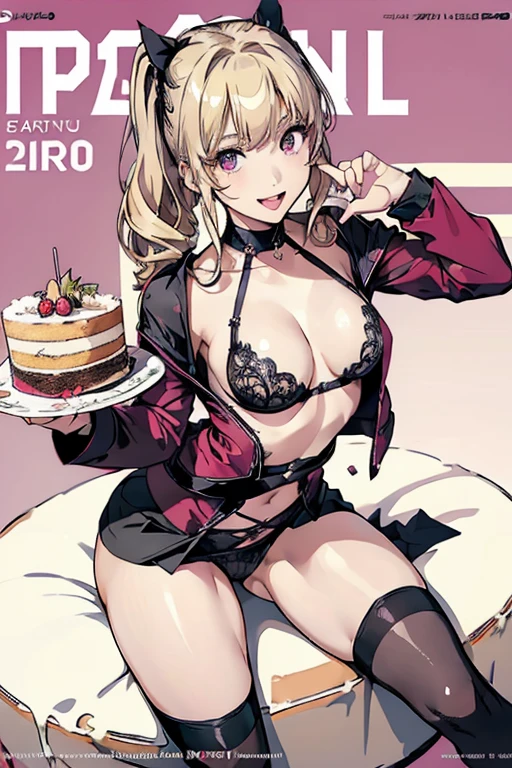 1 girl, small nose, very beautiful detailed face and eyes, bright colors, cute face, delicate beautiful face, Bright magenta eyes, cute eyes, sparkling eyes, Big eyes, (small breasts:1.3), (perky chest:1.1), (pointed chest:1.0), (cake magazine cover:1.3),highest quality, WorKs of masters, High resolution, Blonde color hair,shiny hair, side ponytail,hair between eyes,bangs, (black jacket, real clothes, cleavage, black skirts, black thighhighs, thigh strap, fingerless gloves, single glove:1.2) , spread legs, panties shot, medium hips, glamorous body, white skin, smile, thin pubric hair, super beautiful face, Super beautiful eyes, Super beautiful hair,trendy outfit,sexy and attractive,full body esbian, Real World, Natural light,perfect Natural light,(with sparkling eyes and a contagious smile), This masterpiece is not only visually stunning but also tells, make of cake cooking , in the kitchen, open mouth, looking at viewer,