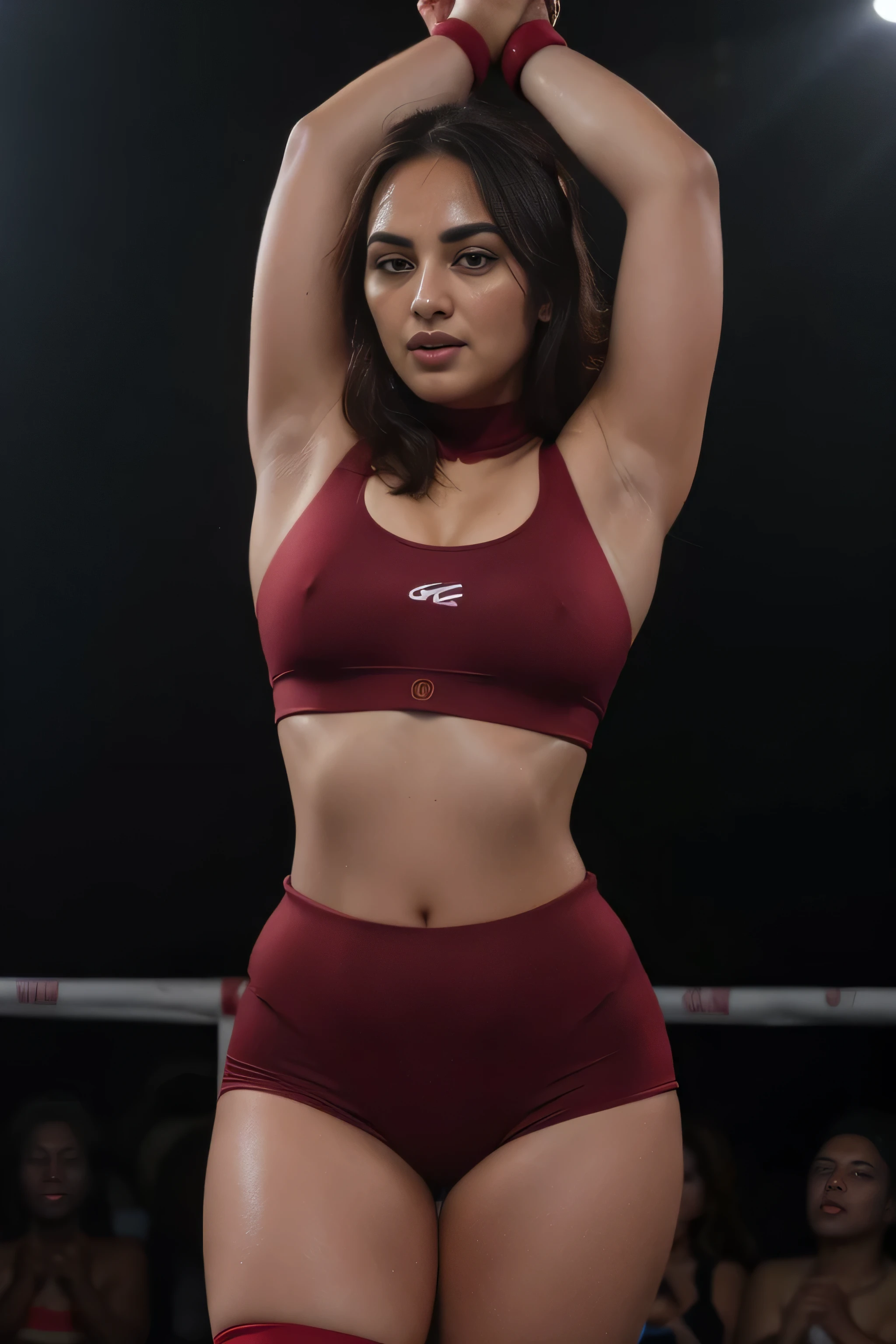 Looks like Sonakshi Sinha,slightly chubby,wearing reddish boxing gloves,black boxing gloves,boxing ring,sweaty,tired,exhausted,arms raised,both arms up,boxing gloves on both hands, intricate details,dark plum coloured outfit,(ArtStation:1.2),armpits,sweat,sweaty,sweaty armpits,arms up,showing armpits,awesome armpits,eyeroll,red outfit,blackish red arm warmers,maroon arm bands,matoon arm warmers