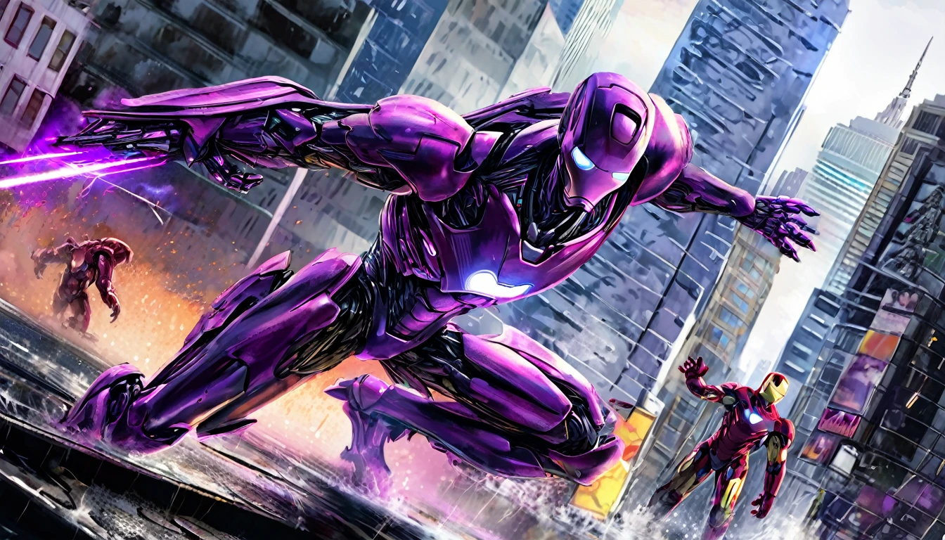 A highly detailed, hyper-realistic, alien violet gradient liquid metal robot, extremely intricate robotic features, glowing purple eyes, sharp metallic claws, wields powerful energy weapons, epic battle with Marvel's Iron Man, dramatic action scene, downtown New York cityscape, skyscrapers, chaos, destruction, cinematic lighting, dramatic color palette, moody atmosphere, (best quality,8k,highres,masterpiece:1.2),ultra-detailed,(realistic,photorealistic,photo-realistic:1.37),cinematic,concept art,digital painting,dramatic,intense,visceral
