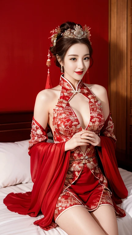 (Hyper-realistic 8K CG: 1.2), Perfect work of art, Exquisite patterns, Intricate details, (An unrivalled masterpiece, best quality: 1.2), (Extremely complex: 1.2), woman in red and gold dress, ((dark brown hair, Big tits:1.2 )), (Low-cut,Deep V),Phoenix Coronet, hair stick, (Red bed: 1.3), cosmetic, blush, Shy, (Smile),Black_hair, Looking at the audience, cosmetics, (Lace,silk), (chiffon:1.5),Show her breasts, (Open chest:1.5),,Chinese_clothing, ((Red loose comfortable clothing:1.4)),(Large Breasts),D cup ,curtain, earrings, hair_decorate,Hanfu, Internal, Jewelry, Red nails, long_sleeve, (在Red bed上,Red pillow:1.6) ,(minuscule underwear:1.5),Red Dress, red lips, tassel, (Red pillow,Red quilt), (Red Hi Word: 1.2), (ancient Chinese architecture),, night,(Chinese婚礼),(Showing chest:1.3)(Marriage room),中式Marriage room,(Phoenix Coronet霞帔:1.5),(bridal chamber),(joyful eyes:1.5),Show your shoulders,Tube Top,
