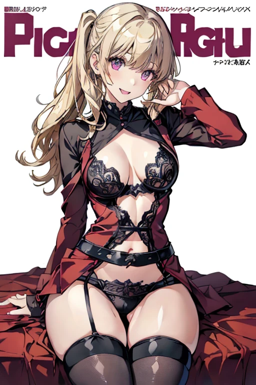 1 girl, small nose, very beautiful detailed face and eyes, bright colors, cute face, delicate beautiful face, Bright magenta eyes, cute eyes, sparkling eyes, Big eyes, (small breasts:1.3), (perky chest:1.1), (pointed chest:1.0), (cake magazine cover:1.3),highest quality, WorKs of masters, High resolution, Blonde color hair,shiny hair, side ponytail,hair between eyes,bangs, (black jacket, real clothes, cleavage, black skirts, black thighhighs, thigh strap, fingerless gloves, single glove:1.2) , spread legs, panties shot, medium hips, glamorous body, white skin, smile, thin pubric hair, super beautiful face, Super beautiful eyes, Super beautiful hair,trendy outfit,sexy and attractive,full body esbian, Real World, Natural light,perfect Natural light,(with sparkling eyes and a contagious smile), This masterpiece is not only visually stunning but also tells, make of cake cooking , in the kitchen, open mouth, looking at viewer,
