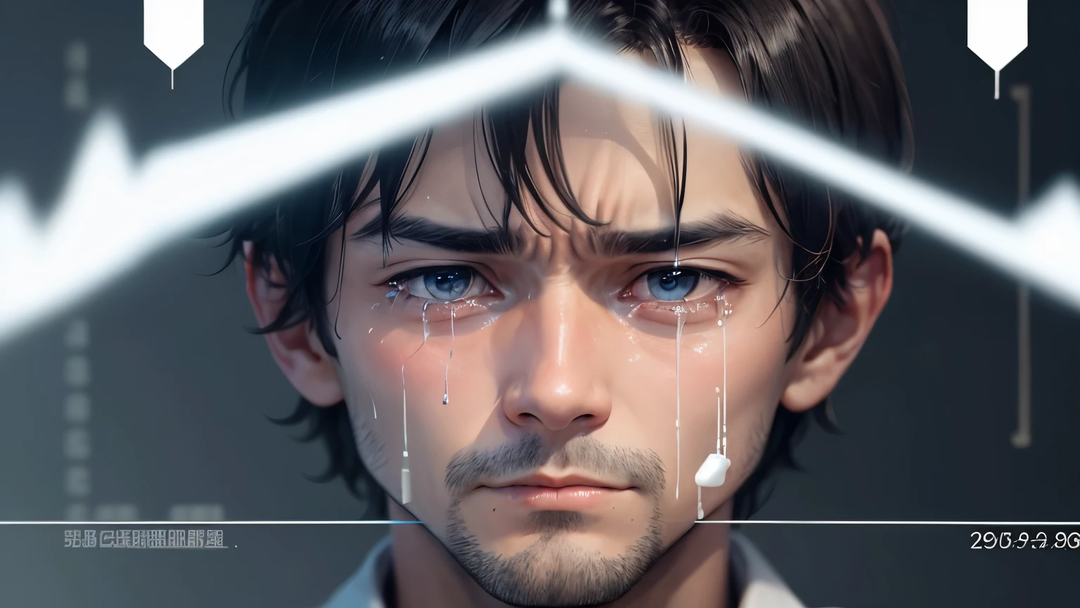 A man is crying in front of a candlestick chart、Falling tears、In the background, a full-screen exchange chart、The man is crying loudly