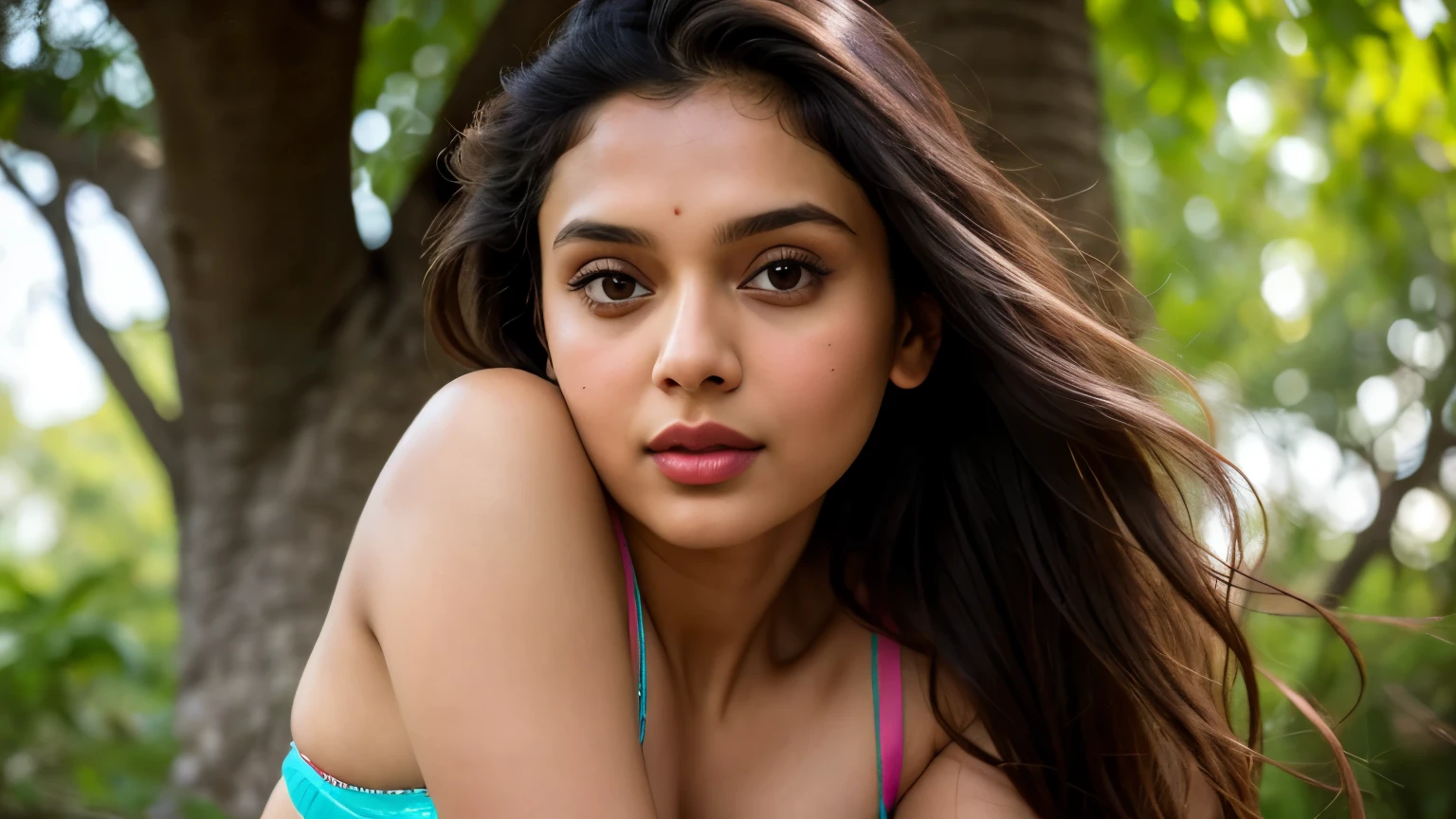 ((RAW, analog style)), face, extremely detailed color photo of a 25 y.o girl, beautiful face, beautiful eyes, ((small nose)), big natural lips, ((cotton sai)), big breasts with pink bra, healthy body, outdoor, trees, ((film grain, skin details, high detailed skin texture, 8k hdr, dslr)), indian female model Aditi Rao Hydari, close-up picture of Aditi Rao Hydari, Sexy figure, hot looks, black long hair