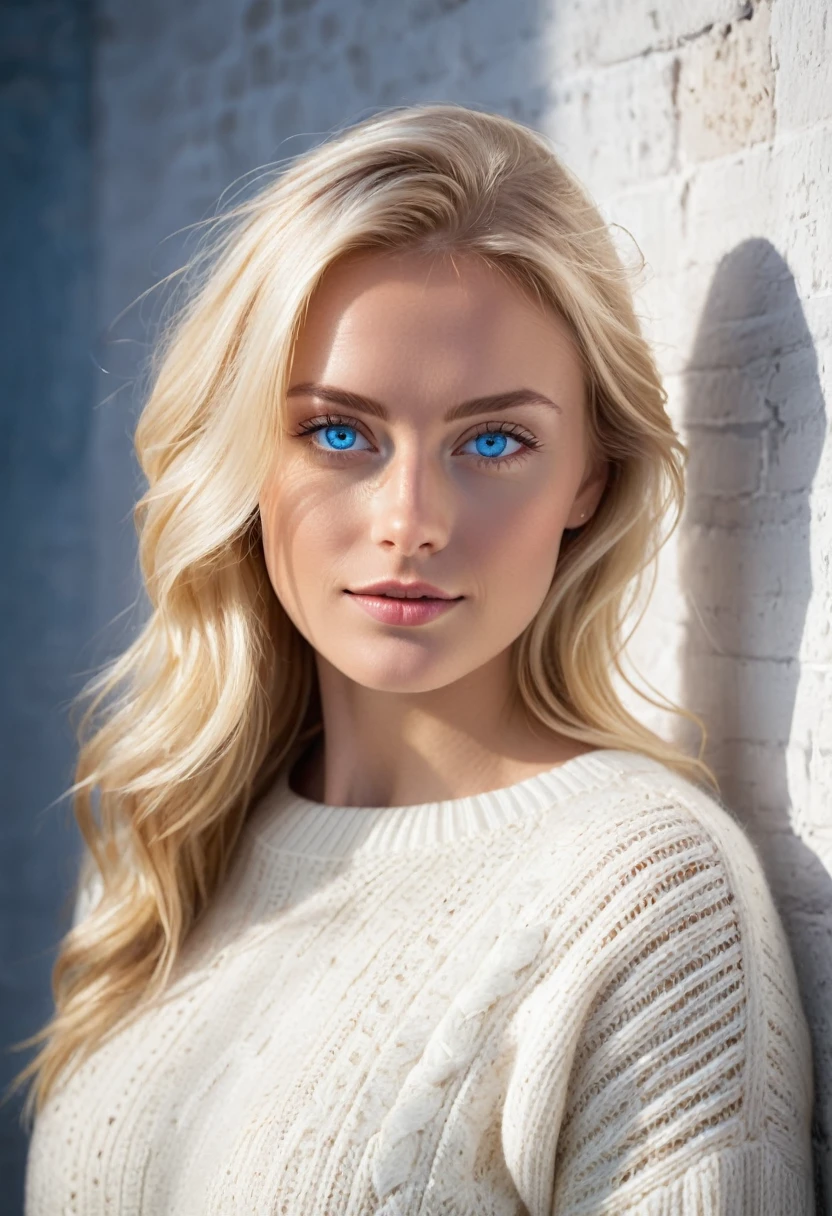 Image of a beautiful woman with blue eyes and blonde hair wearing a white sweater. She is looking at the camera and there is a light shining on her.d3 fondo un muro con rajaduras