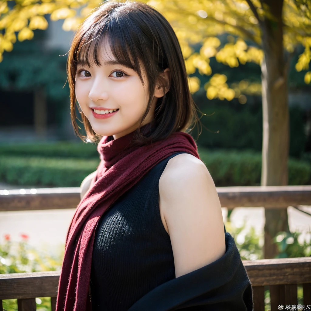 (highest quality,8K quality,masterpiece:1.3,),(超A high resolution,Photorealistic:1.4,Raw photo),(Ultra-detailed,Caustics,Perfect Anatomy),(Ultra-Realistic Capture,Beautiful and detailed skin),Stand in front of the school gate,18-year-old,cute,Black-haired,Short Bob,single eyelid,Laughter,Large Breasts,,Dark Red Muffler,Black thick tights,Looking into the camera,Soft sunlight,