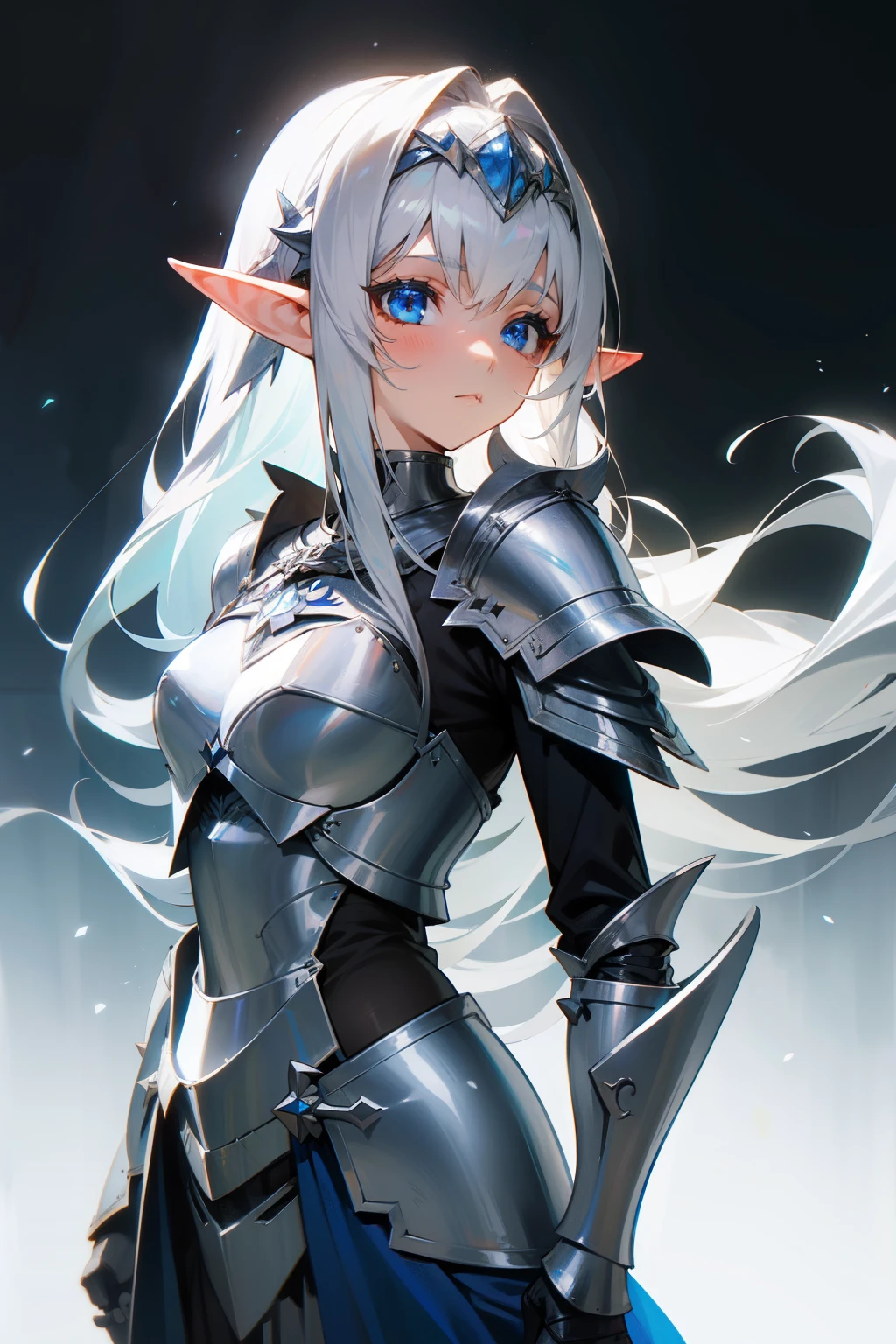 Girl, long silver hair, blue eyes, elf ears, silver knight armor