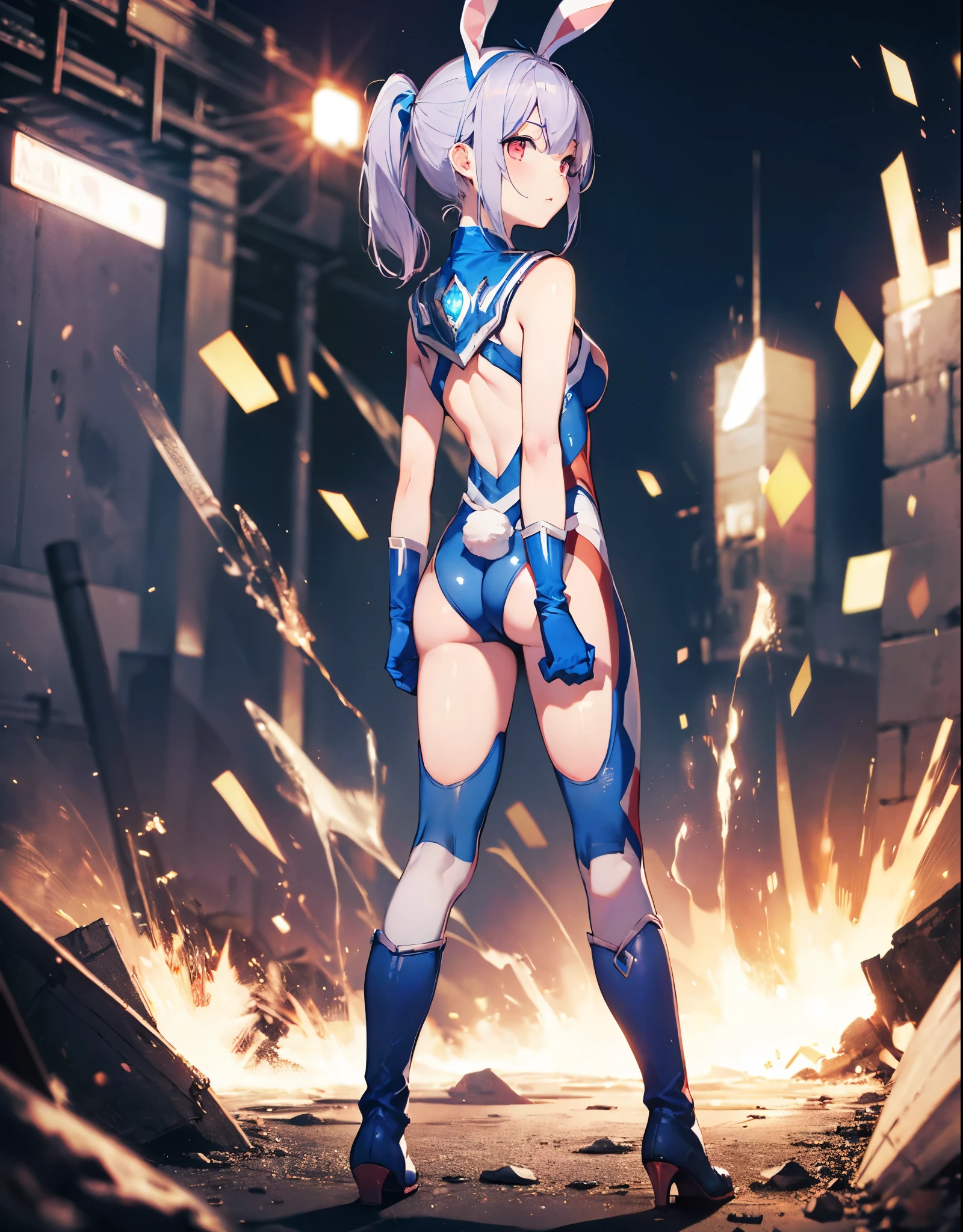 (Close-up:1.3),Realistic,highest quality, Ultra Detail, High-quality CG rendering, The most delicate and beautiful, Floating softly, High resolution, (1 girl), (Highest quality,4K,8K,masterpiece:1.2) ,Light purple hair,Rabbit,(Bunny ears:1.5),ponytail,Red eyes,(Ultra Girl:1.0),(All blue Ultraman bodysuit:1.4),(Blue gloves:1.4),(Blue shoes:1.4), (Clenched Fist:1.2),(Turn your back to your audience:1.3),Butt