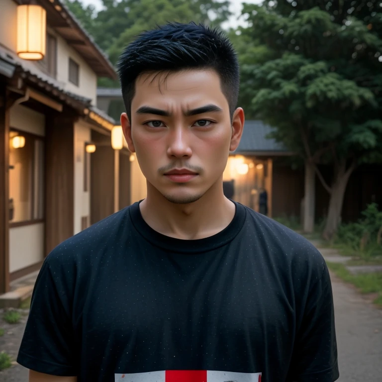 Aaraf wore a black shirt and stood in front of the house., Portrait in the middle of a shot, Southeast Asians with round faces, Asian man, Handsome Japanese demon boy, He wore a black t-shirt., Portrait 8 k, handsome man，black short hair, Vertical 50 mm, ใบหน้าที่ละเอียดของเด็กAsian man, Portrait with tight face