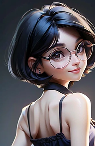 (masterpiece), (8k, best quality, high resolution), (ultra-detailed, realistic), (anatomically correct),  
((from above)), ((looking up)), 
((face image)), (Standing), (((looking back))), (No background),
(1woman),  ((looking at viewer)), (show your back), 
(A Japanese woman, 30 years old and 155cm tall.), 
((Wear a navy blue tunic camisole)), ((A camisole without decoration.)),  
(black hair), (straight hair), (short hair style), ((bob cut)), 
(wear glasses), (black square cell glasses), 
((smile broadly)), 
(Her impression is pure, clean and kind.),
