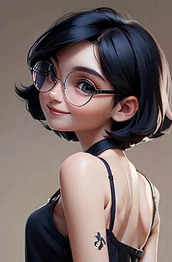 (masterpiece), (8k, best quality, high resolution), (ultra-detailed, realistic), (anatomically correct),
((from above)), ((looking up)),
((face image)), (Standing), (((looking back))), (No background),
(1woman), ((looking at viewer)), (show your back),
(A Japanese woman, 30 years old and 155cm tall.),
((Wear a navy blue tunic camisole)), ((A camisole without decoration.)),
(black hair), (straight hair), (short hair style), ((bob cut)),
(wear glasses), (black square cell glasses),
((smile broadly)),
(Her impression is pure, clean and kind.),