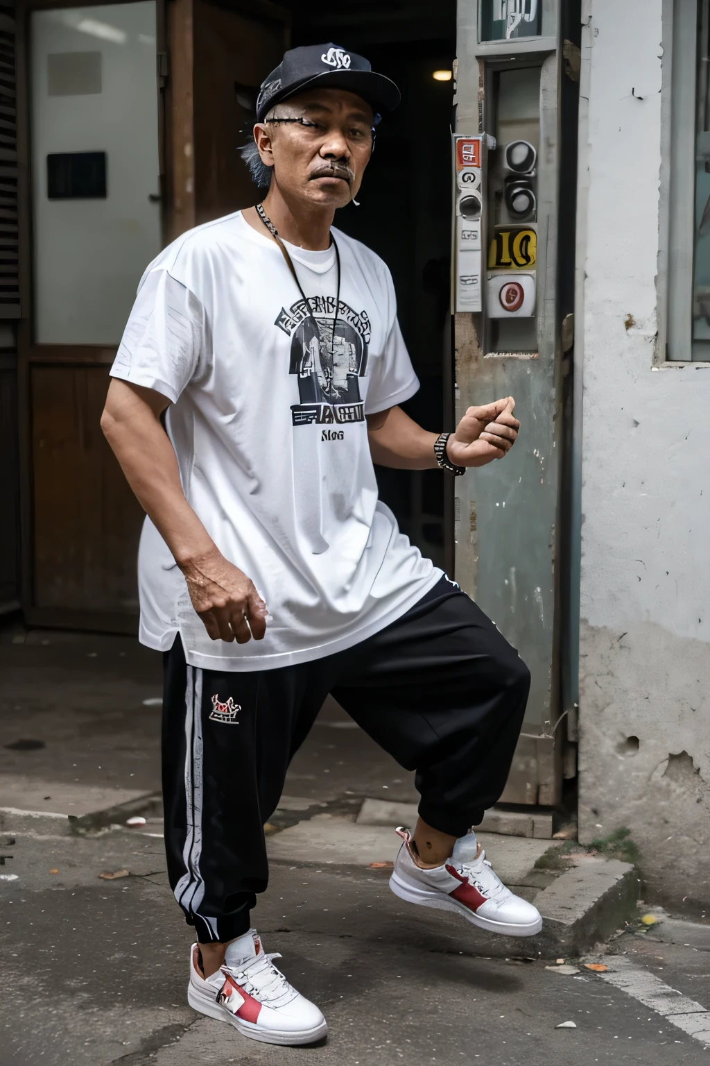 a malay man, 60 years old, wearing hip hop outfits, smoking a cigarette 🚬, at the streets