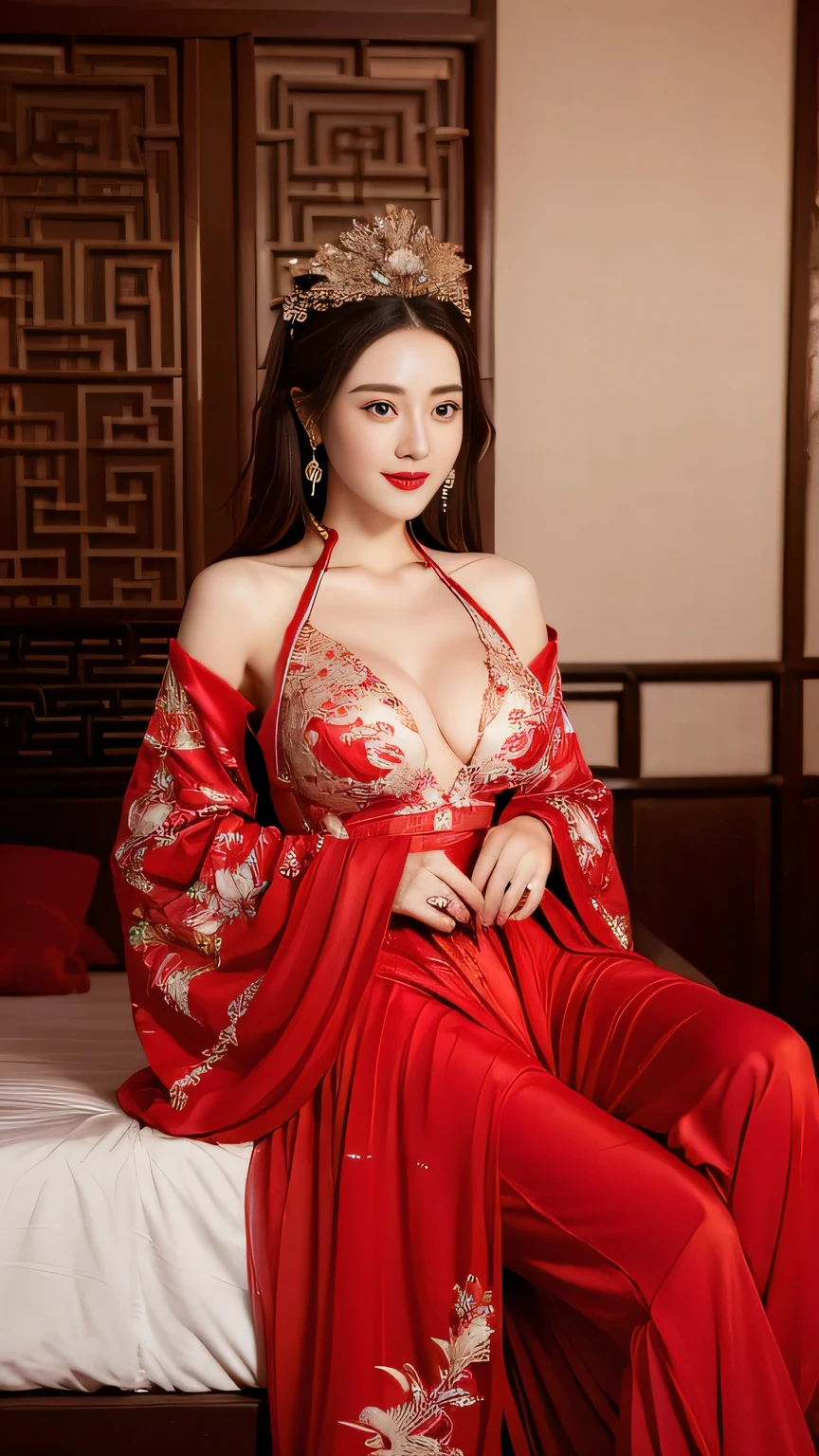 (Hyper-realistic 8K CG: 1.2), Perfect work of art, Exquisite patterns, Intricate details, (An unrivalled masterpiece, best quality: 1.2), (Extremely complex: 1.2), woman in red and gold dress, ((dark brown hair, Big tits:1.2 )), (Low-cut,Deep V),Phoenix Coronet, hair stick, (Red bed: 1.3), cosmetic, blush, Shy, (Smile),Black_hair, Looking at the audience, cosmetics, (Lace,silk), (chiffon:1.5),Show her breasts, (Open chest:1.5),,Chinese_clothing, ((Red loose comfortable clothing:1.4)),(Large Breasts),D cup ,curtain, earrings, hair_decorate,Hanfu, Internal, Jewelry, Red nails, long_sleeve, (On the Red Bed,Red pillow:1.6) ,(minuscule underwear:1.5),Red Dress, red lips, tassel, (Red pillow,Red quilt), (Red Hi Word: 1.2), (ancient Chinese architecture),, night,(wedding),(Showing chest:1.3)(Marriage room),Chinese style marriage room,(Phoenix Coronet:1.5),(bridal chamber),(joyful eyes:1.5),Show your shoulders,Tube Top,