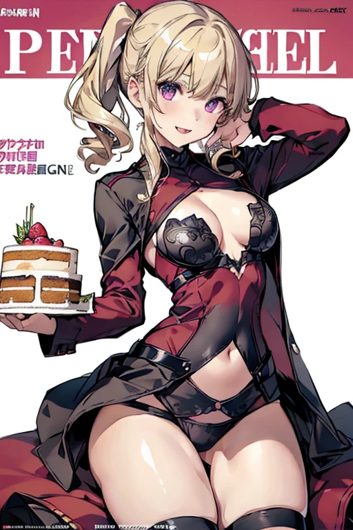 1 girl, small nose, very beautiful detailed face and eyes, bright colors, cute face, delicate beautiful face, Bright magenta eyes, cute eyes, sparkling eyes, Big eyes, (small breasts:1.3), (perky chest:1.1), (pointed chest:1.0), (cake magazine cover:1.3),highest quality, WorKs of masters, High resolution, Blonde color hair,shiny hair, side ponytail,hair between eyes,bangs, (black jacket, real clothes, cleavage, black skirts, black thighhighs, thigh strap, fingerless gloves, single glove:1.2) , spread legs, panties shot, medium hips, glamorous body, white skin, smile, thin pubric hair, super beautiful face, Super beautiful eyes, Super beautiful hair,trendy outfit,sexy and attractive,full body esbian, Real World, Natural light,perfect Natural light,(with sparkling eyes and a contagious smile), This masterpiece is not only visually stunning but also tells, make of cake cooking , in the kitchen, open mouth, looking at viewer,