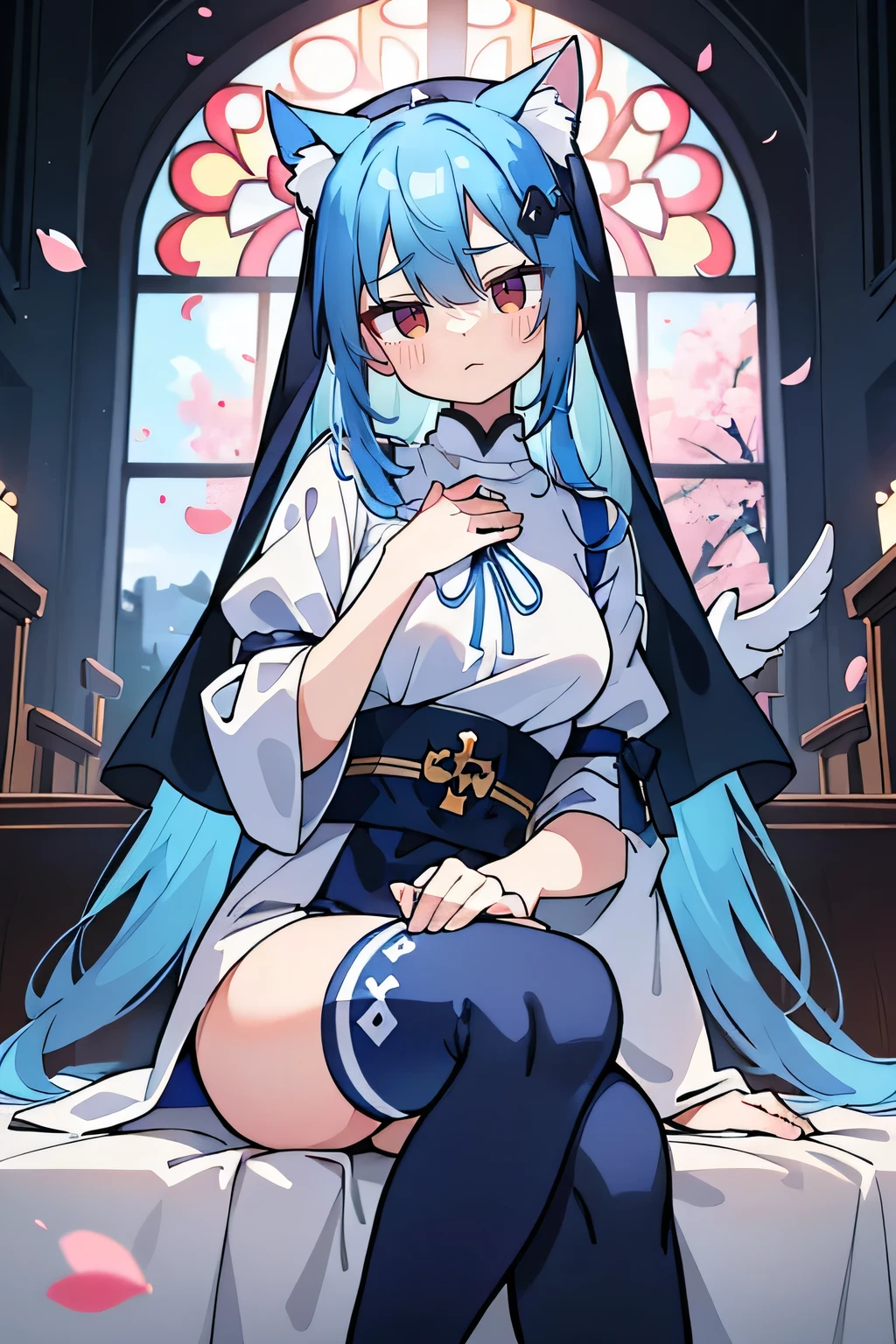 (masterpiece:1.2),Extremely detailed,Practical,expressive eyes,Fair skin,Perfect face shaping,1 Girl,
Japanese cartoons,Gorgeous blue hair, the long flowing blue hair,Floating clothes,Cat ears,Petals fall,beautiful lola,Young Angel,
Place your hands on your waist,sit elegantly on the ground,Cross your legs,Gentle and peaceful background,church,Nun's Clothes,back view,lie on the water.