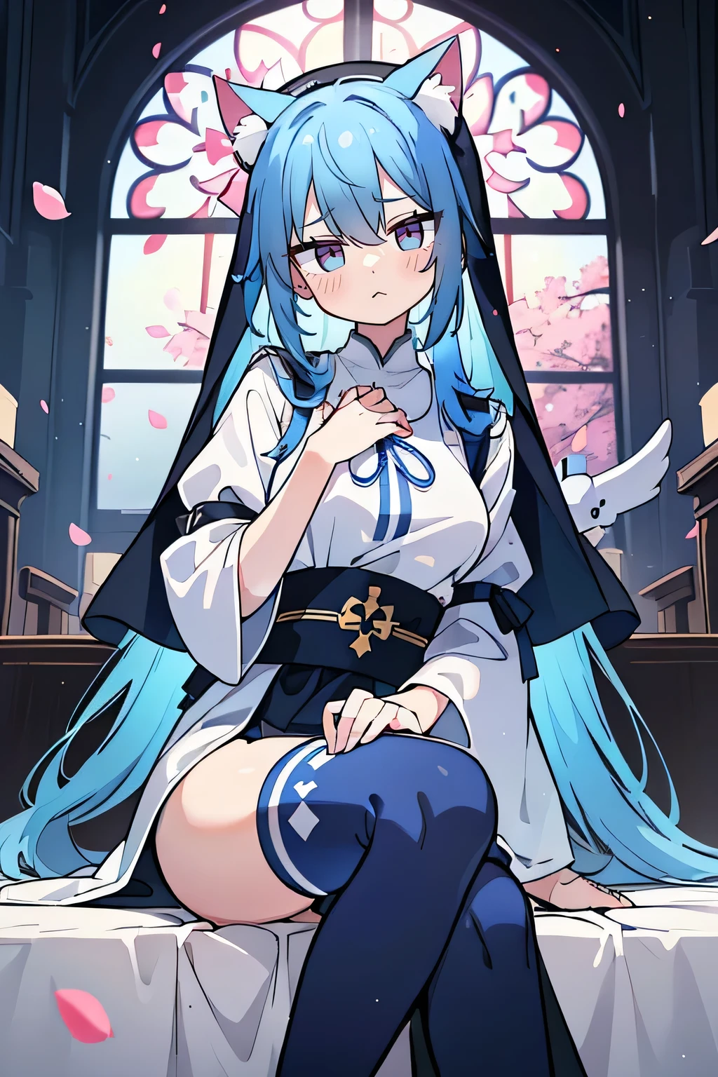 (masterpiece:1.2),Extremely detailed,Practical,expressive eyes,Fair skin,Perfect face shaping,1 Girl,
Japanese cartoons,Gorgeous blue hair, the long flowing blue hair,Floating clothes,Cat ears,Petals fall,beautiful lola,Young Angel,
Place your hands on your waist,sit elegantly on the ground,Cross your legs,Gentle and peaceful background,church,Nun&#39;s Clothes,back view,lie on the water. 