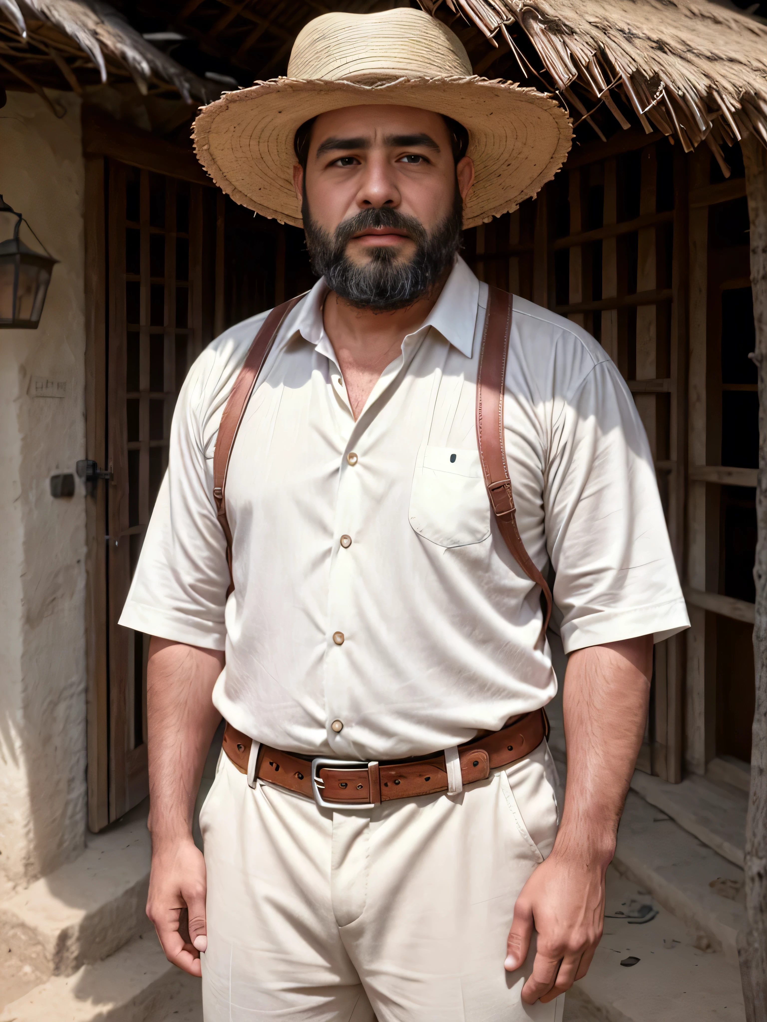 a 38-year-old man with brown skin and a beard, wearing a white manta shirt without buttons, dirty white manta pants, strap huaraches, sombrero, no belt, medium shot, upper body, rural area in 1910 Mexico, stone houses, jacales with thatched roofs, extremely detailed, photorealistic, 8k, high quality, cinematic lighting, warm color tone