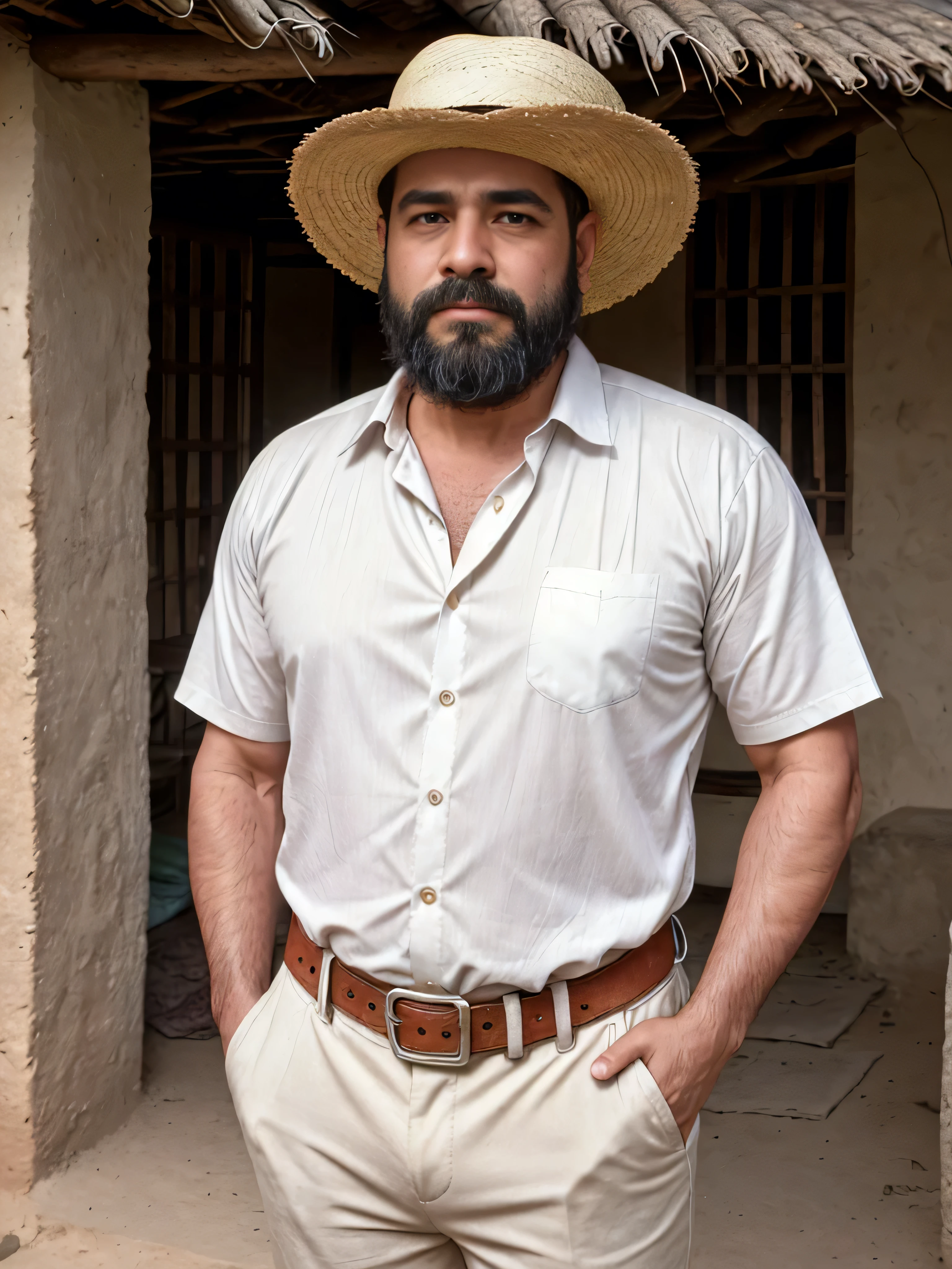 a 38-year-old man with brown skin and a beard, wearing a white manta shirt without buttons, dirty white manta pants, strap huaraches, sombrero, no belt, medium shot, upper body, rural area in 1910 Mexico, stone houses, jacales with thatched roofs, extremely detailed, photorealistic, 8k, high quality, cinematic lighting, warm color tone