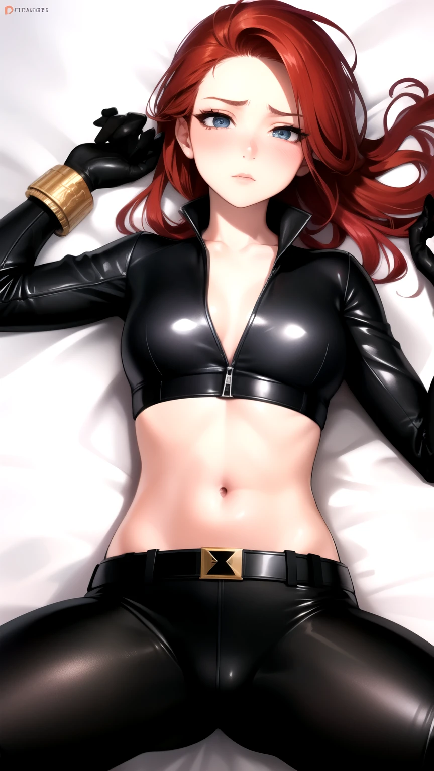 Expressionless, 1 woman, red hair, black leather cropped top, sleeve, black belt, bracelet, black gloves, leather pants, blackwidow, blush, navel, Abdomen, mature women , lying on bed, leg split,
(insanely detailed, beautiful detailed face, beautiful detailed eyes, masterpiece, best quality), solo, 1boy, pov, missionary, pov make out the girl, pov chest,