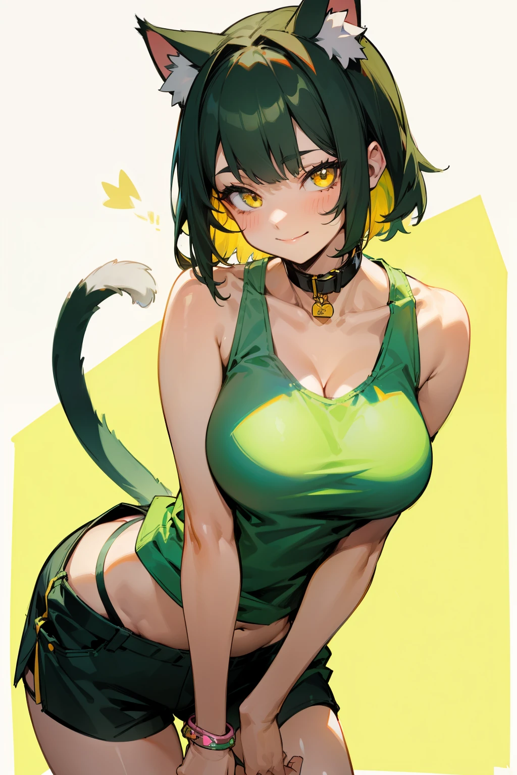 Girl, short dark green hair, yellow eyes, cat ears, cat collar, cat tail, big breasts, exposed belly, white tank top, short shorts, naughty smile, naughty