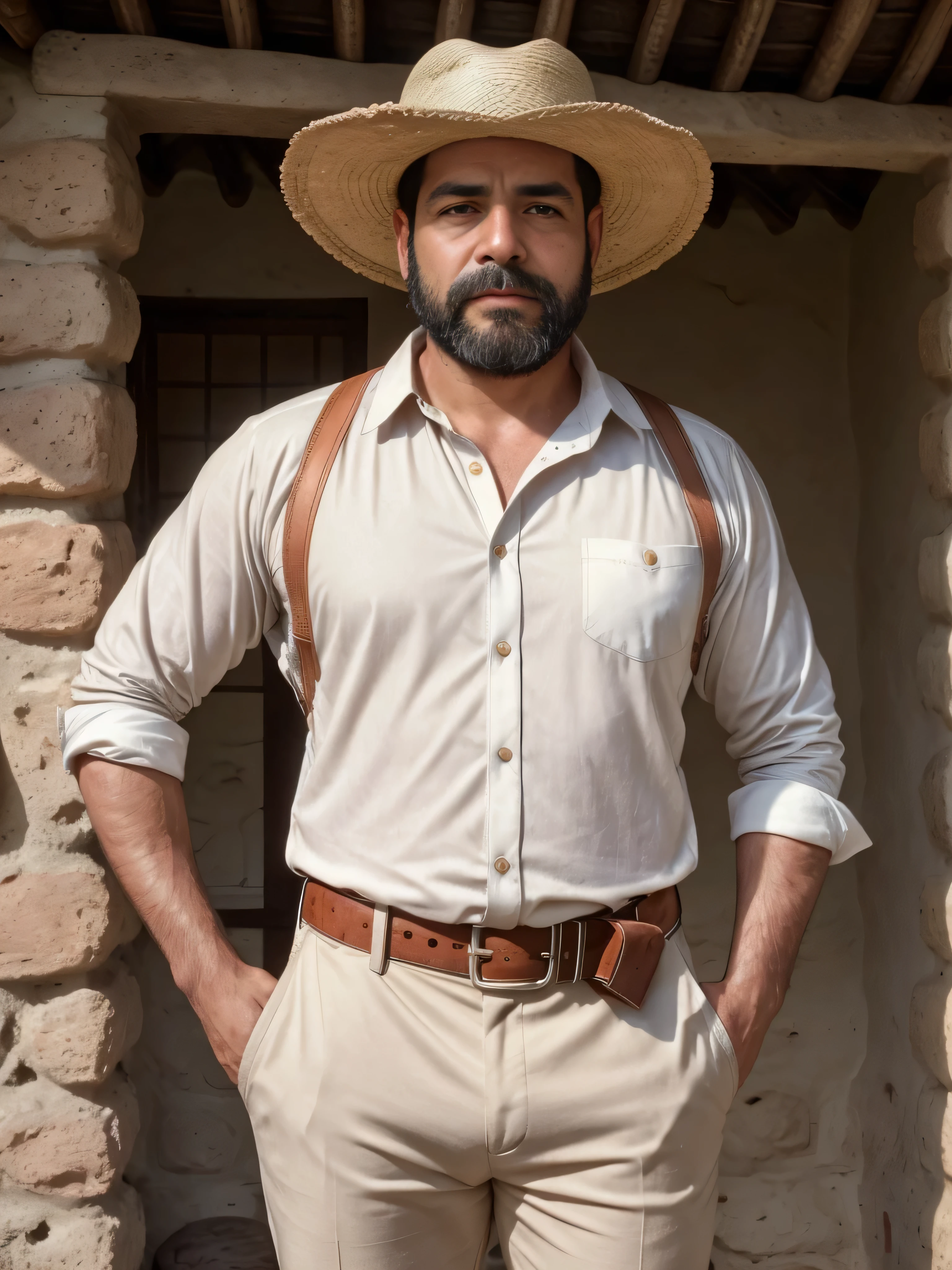 a 38-year-old man with brown skin and a beard, wearing a white manta shirt without buttons, dirty white manta pants, strap huaraches, sombrero, no belt, medium shot, upper body, rural area in 1910 Mexico, stone houses, jacales with thatched roofs, extremely detailed, photorealistic, 8k, high quality, cinematic lighting, warm color tone