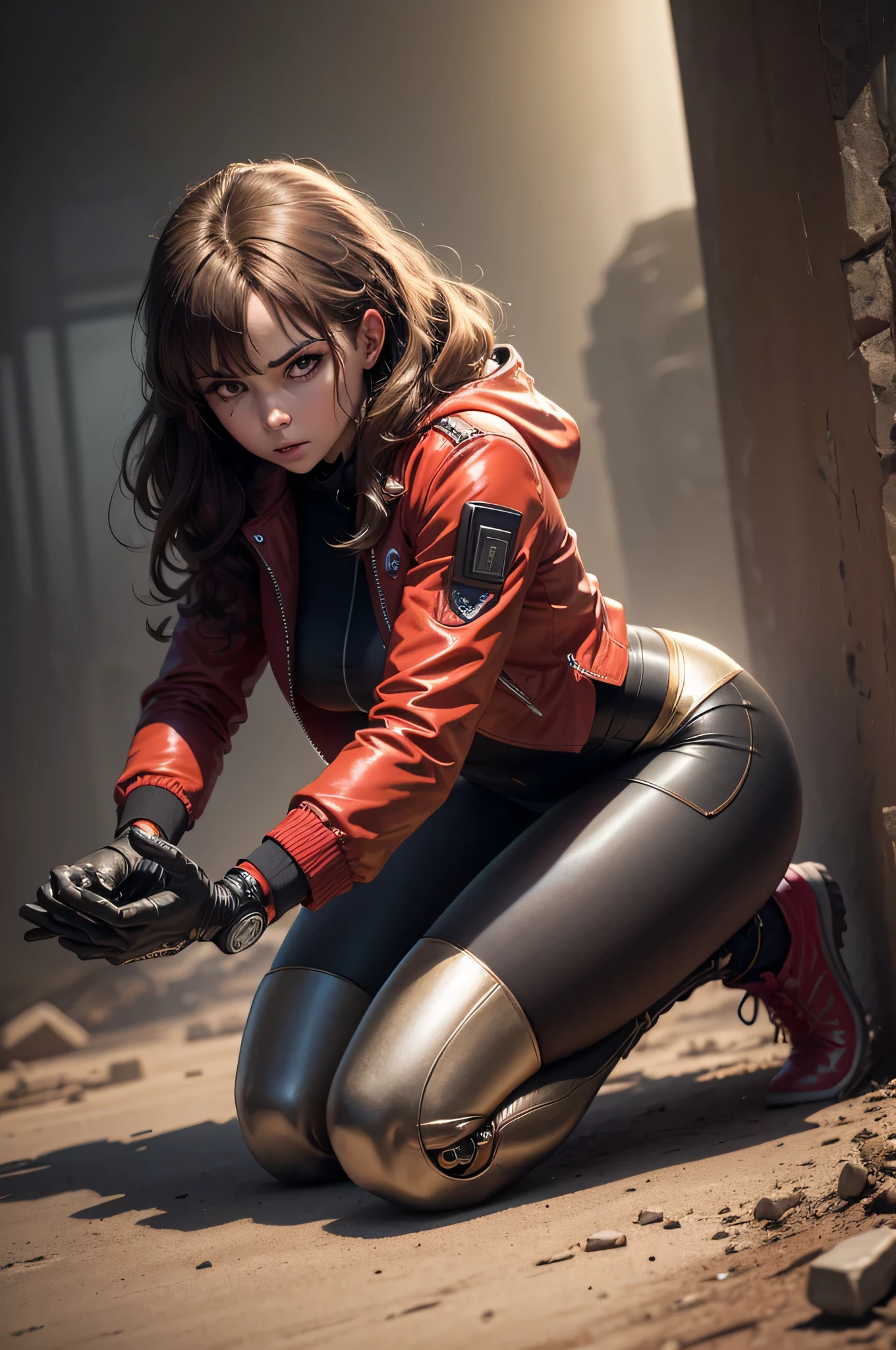 masterpiece, ultra detailed, high resolution, best quality, image of a female cyborg, metallic hands, one metallic eye, wavy brown hair, wearing a red jacket, and tight leggings, kneeling down, in a battlefield