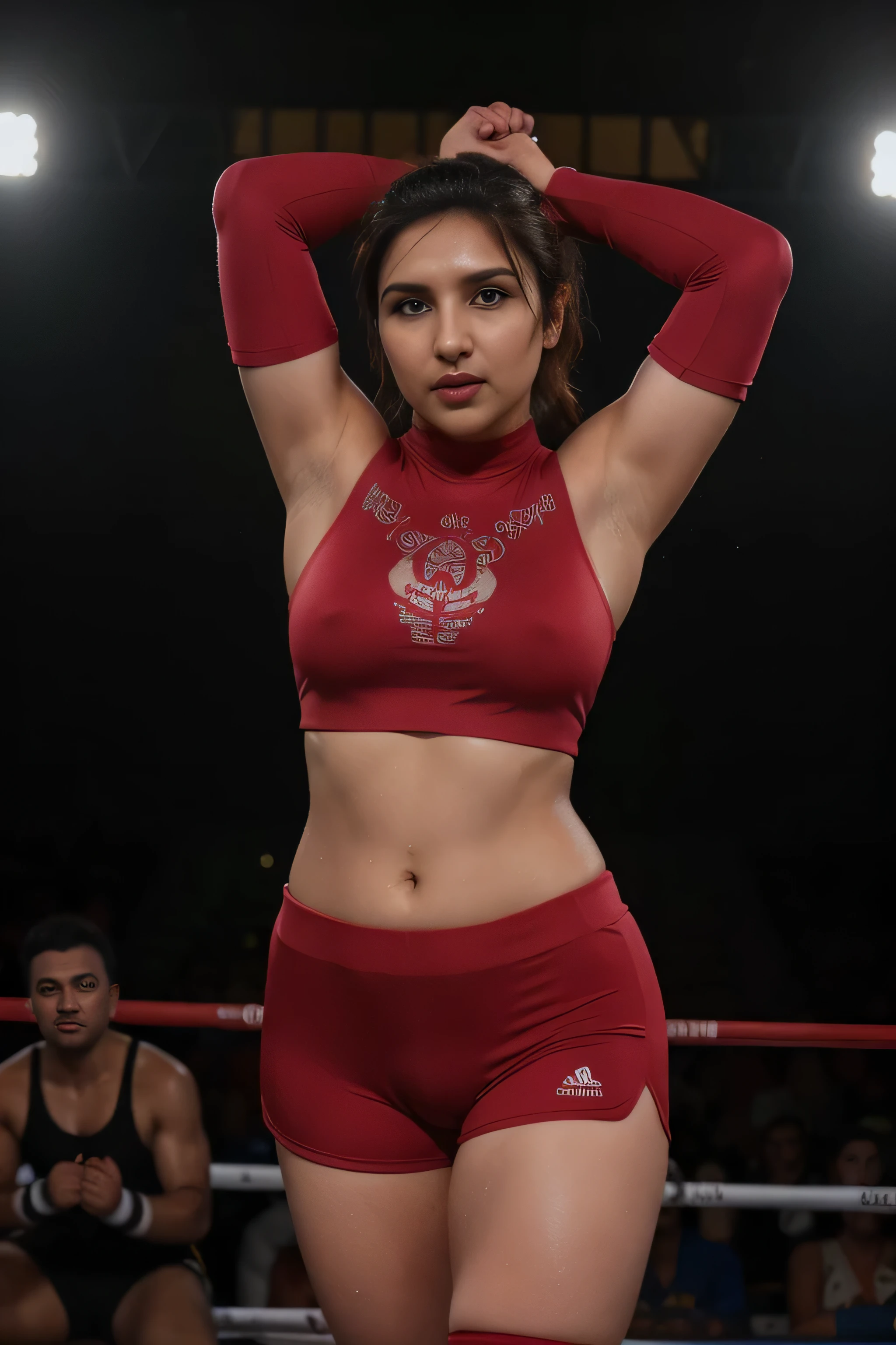 Looks like Parineeti Chopra,chubby,wearing reddish boxing gloves,black boxing gloves,boxing ring,sweaty,tired,exhausted,arms raised,both arms up,boxing gloves on both hands, intricate details,dark plum coloured outfit,(ArtStation:1.2),armpits,sweat,sweaty,sweaty armpits,arms up,showing armpits,awesome armpits,eyeroll,red outfit,blackish red arm warmers,maroon arm bands,matoon arm warmers