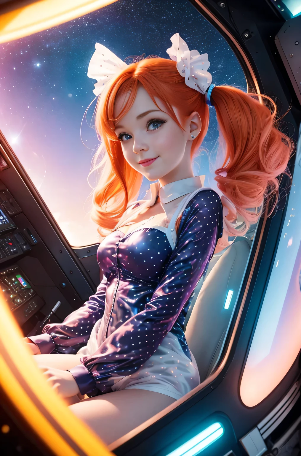 chemise(overhead view) Cute redhead with rainbow colored hair tips, ribbons in her hair, 18-year-old woman, happy, smiling, in twin tails, perfect eyes, clear sparkling blue eyes, pale skin, silky smooth white skin, alabaster skin, flying a fancy metal luxurious space ship, futuristic cockpit, she's a pilot, outer space seen in windows, dark warm lighting, wearing a futuristic silk body suit, low cut top (chemise), (pastel rainbow colors, and polka dots), puffy sleeves silk.