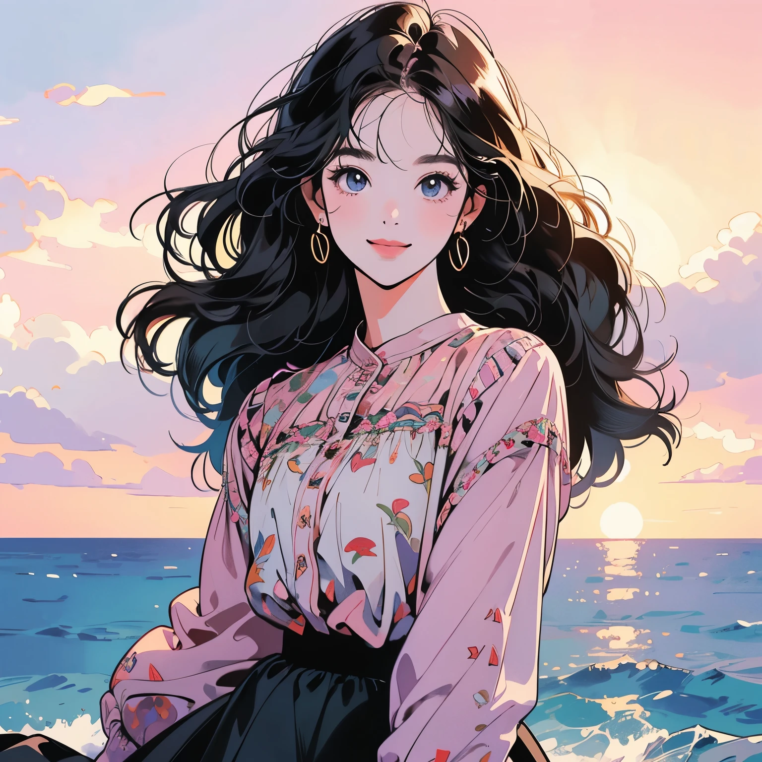 whole body、Kind Face、1 pretty woman、4k、Pattern、blouse、skirt、Sunset、cloud、coastal、rainbow、Complex background、Detailed Hair、smile、Faint lighting、Black Hair