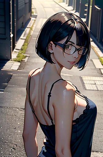 (masterpiece), (8k, best quality, high resolution), (ultra-detailed, realistic), (anatomically correct),
((from above)), ((looking up)),
((face image)), (Standing), (((looking back))), (No background),
(1woman), ((looking at viewer)), (show your back),
(A Japanese woman, 30 years old and 155cm tall.),
((Wear a navy blue tunic camisole)), ((A camisole without decoration.)),
(black hair), (straight hair), (short hair style), ((bob cut)),
(wear glasses), (black square cell glasses),
((smile broadly)),
(Her impression is pure, clean and kind.),